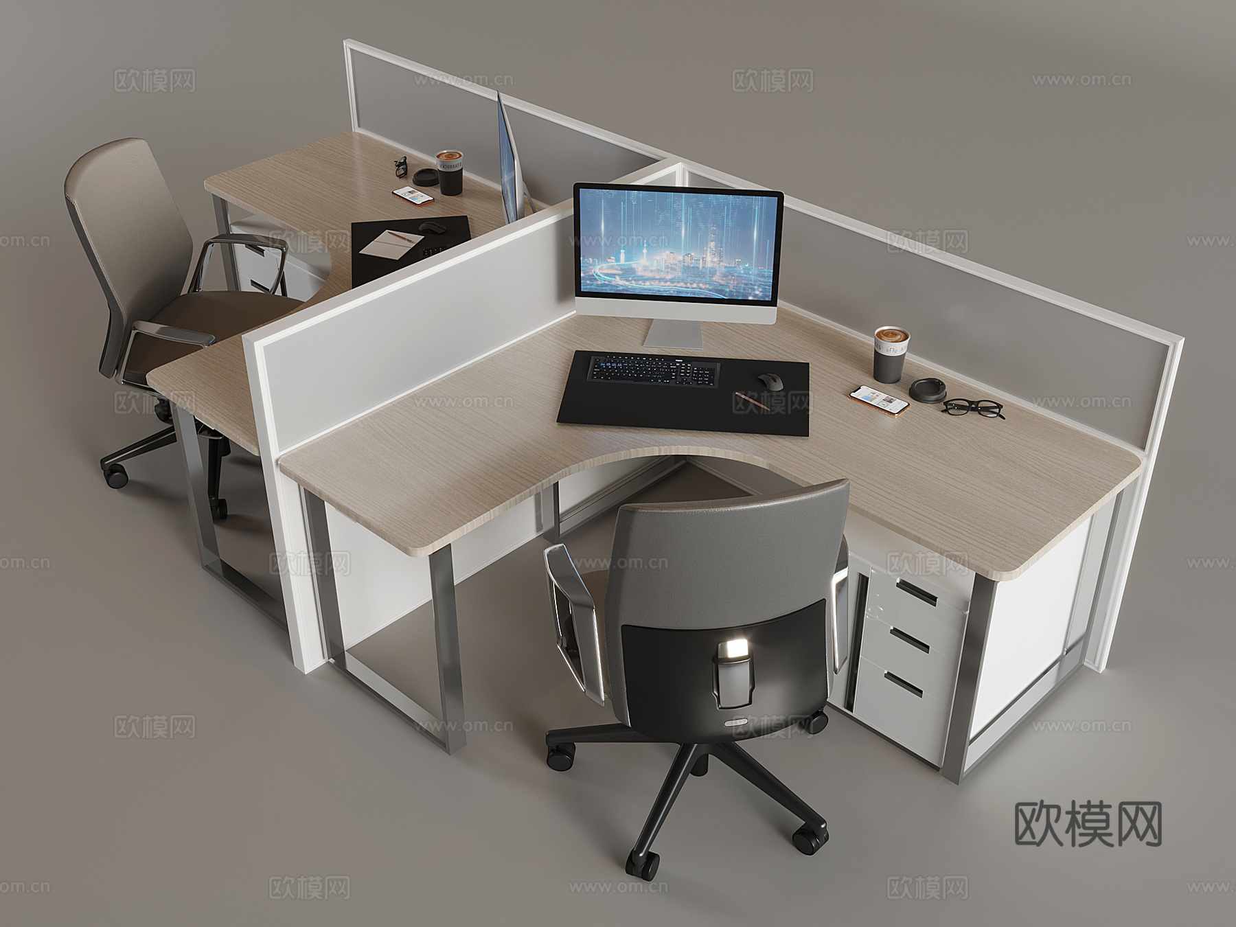 职员办公桌椅组合 办公室屏风卡座 工位电脑桌旋转椅3d模型