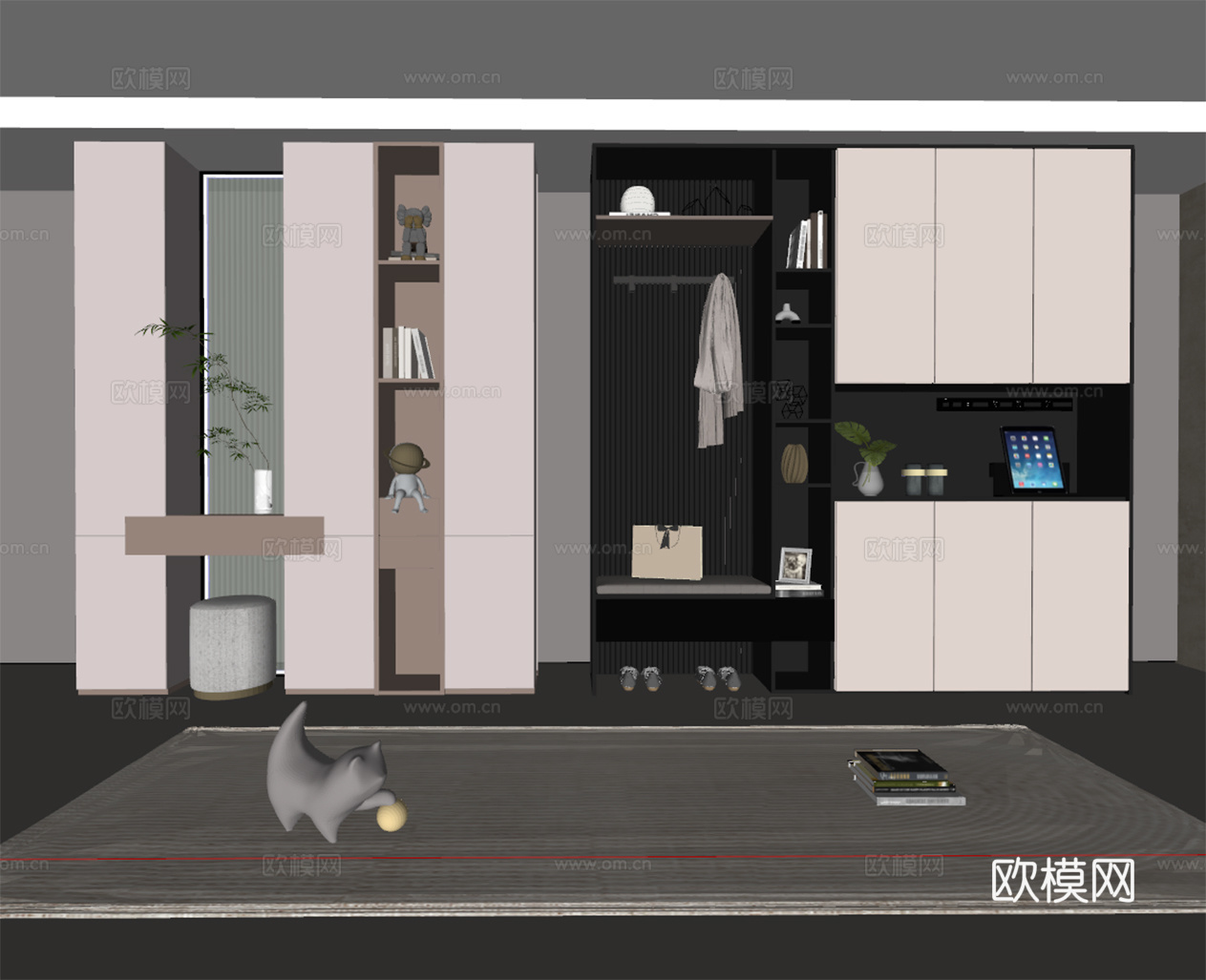 现代奶油风 玄关隔断鞋柜su模型