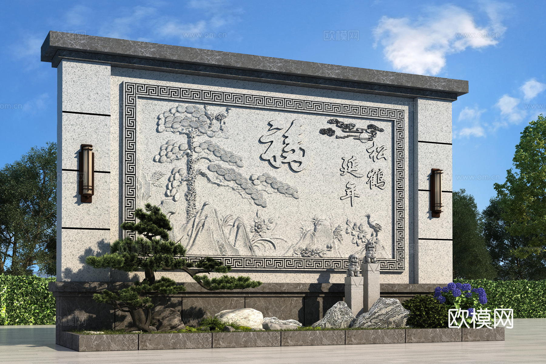 中式影壁墙 照壁 背景墙su模型