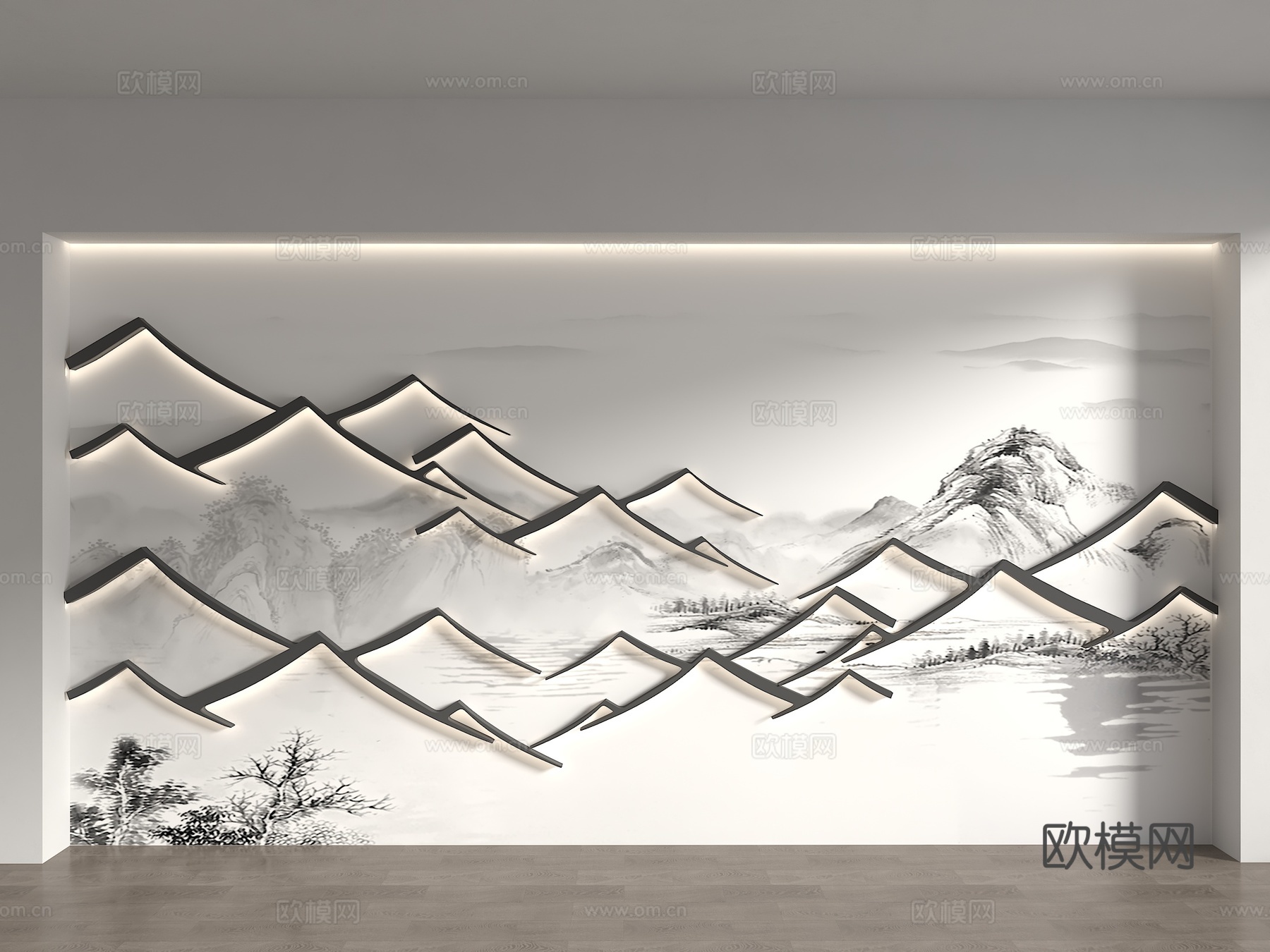 中式瓦片背景墙 马头墙背景墙 徽派建筑背景墙 中式格栅背景墙3d模型