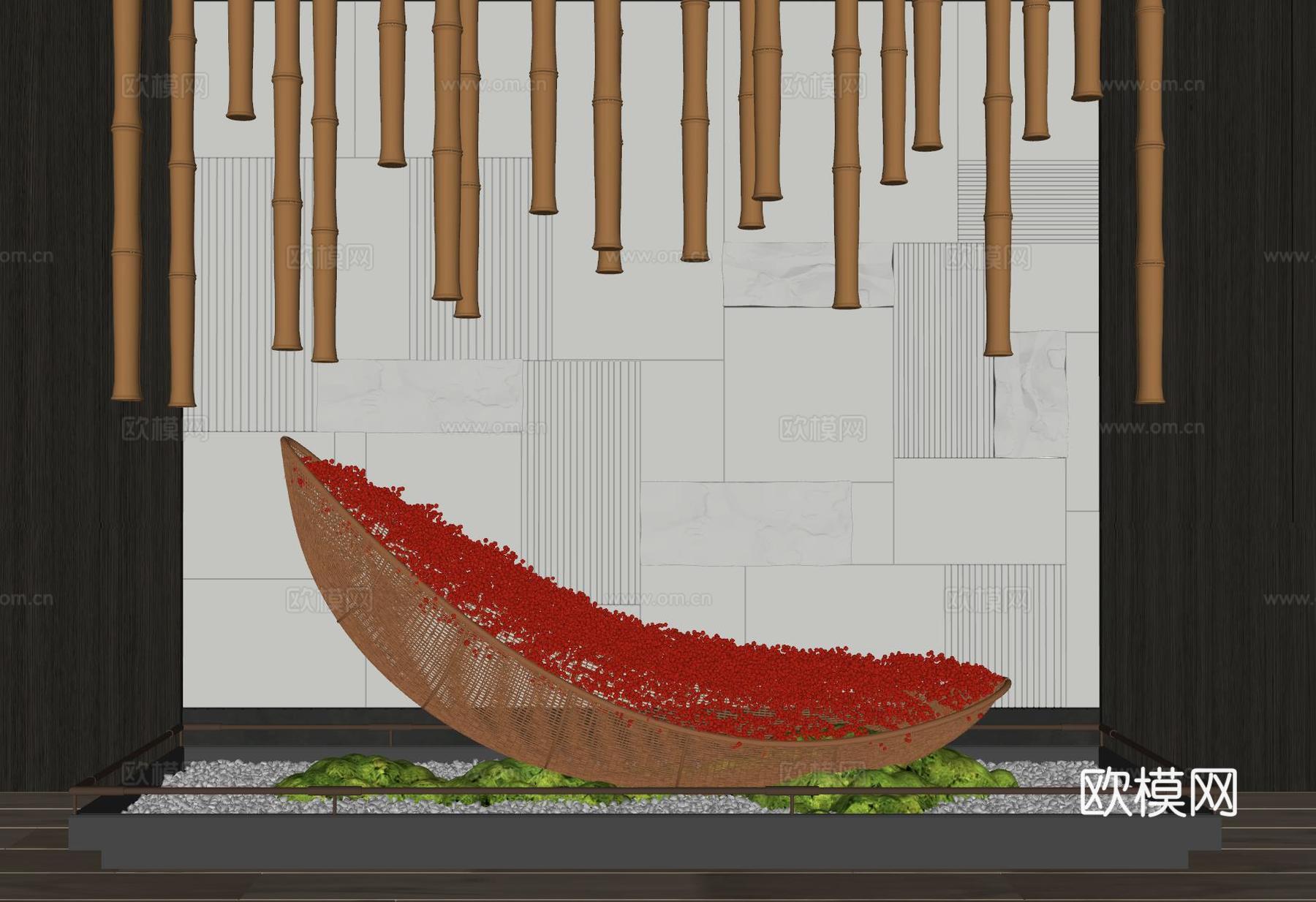 现代室内景观造景 苔藓景观 景观小品 藤编装置 艺术装置su模型