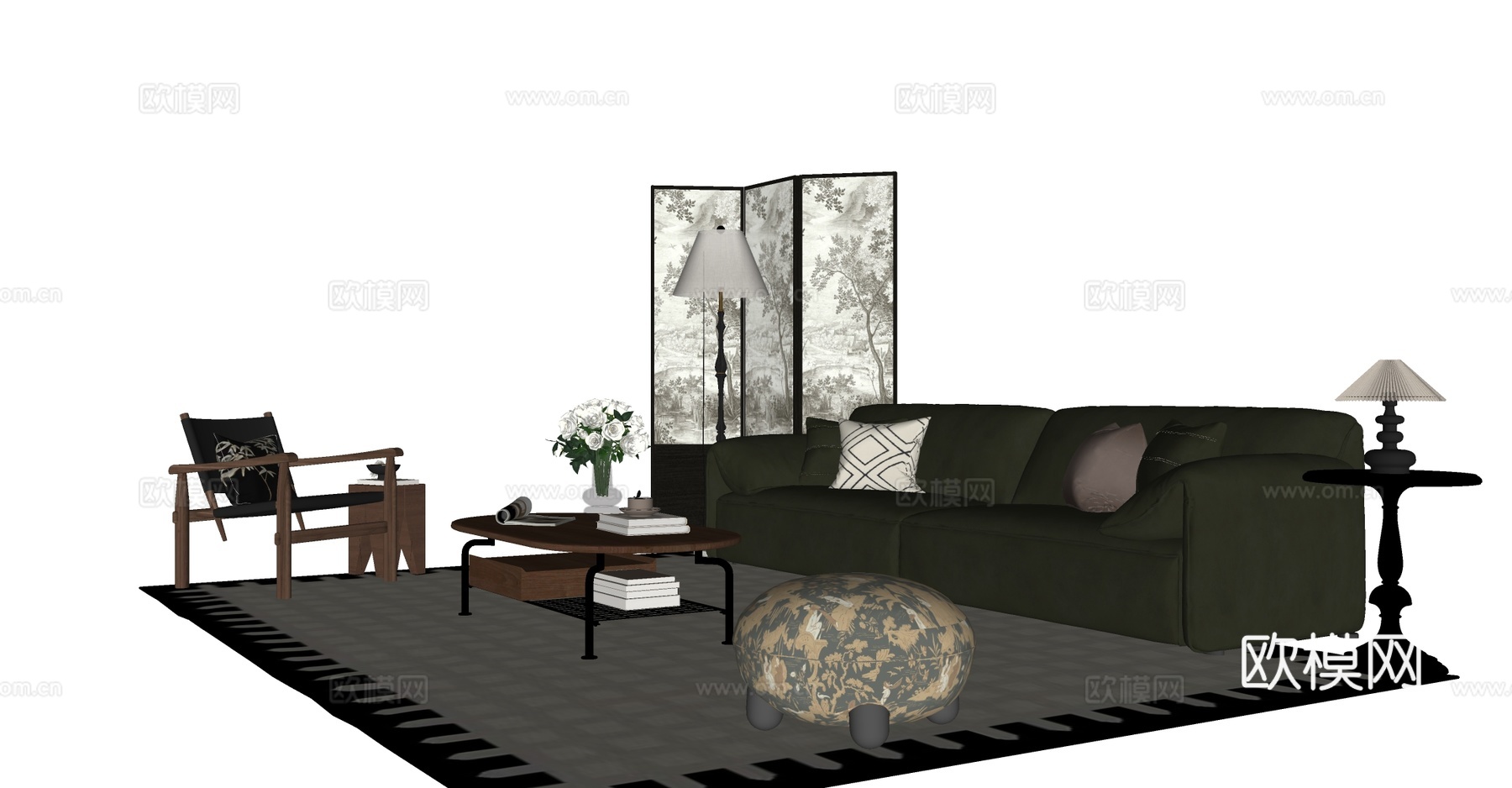 法式中古风沙发茶几组合 落地灯 休闲椅 屏风 台灯su模型下载（渲染图2）