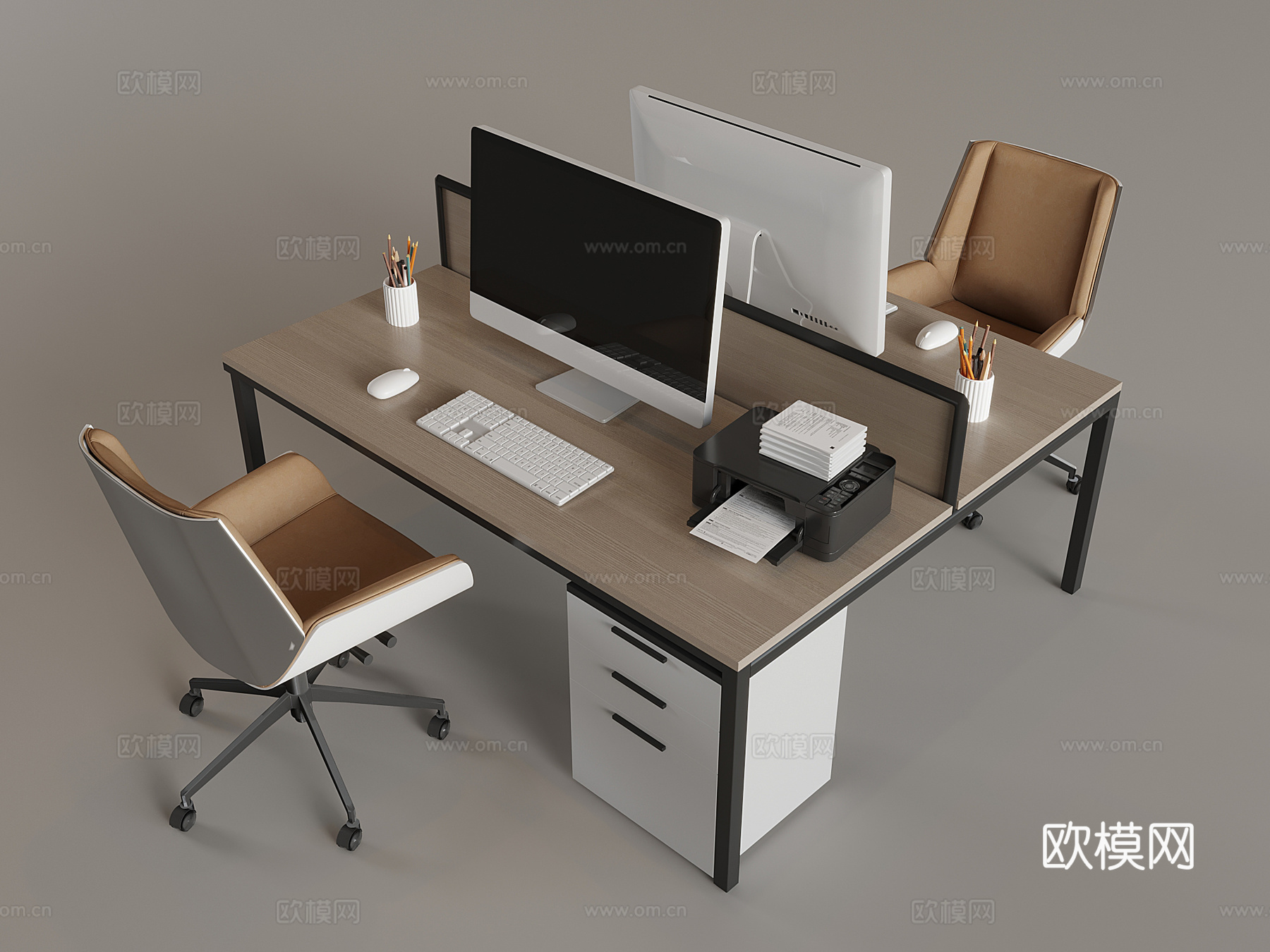 职员办公桌椅组合 台式电脑鼠标键盘 升降旋转椅打印机3d模型