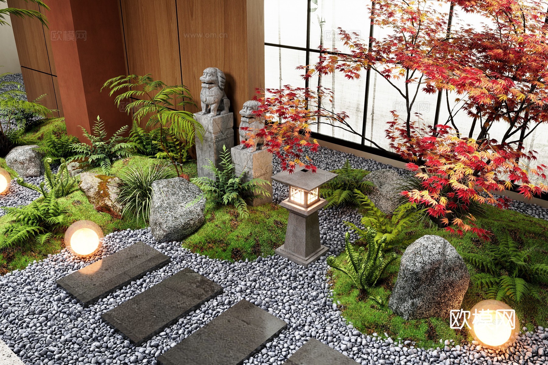 新中式景观造景 室内景观 苔藓植物 景观小品su模型