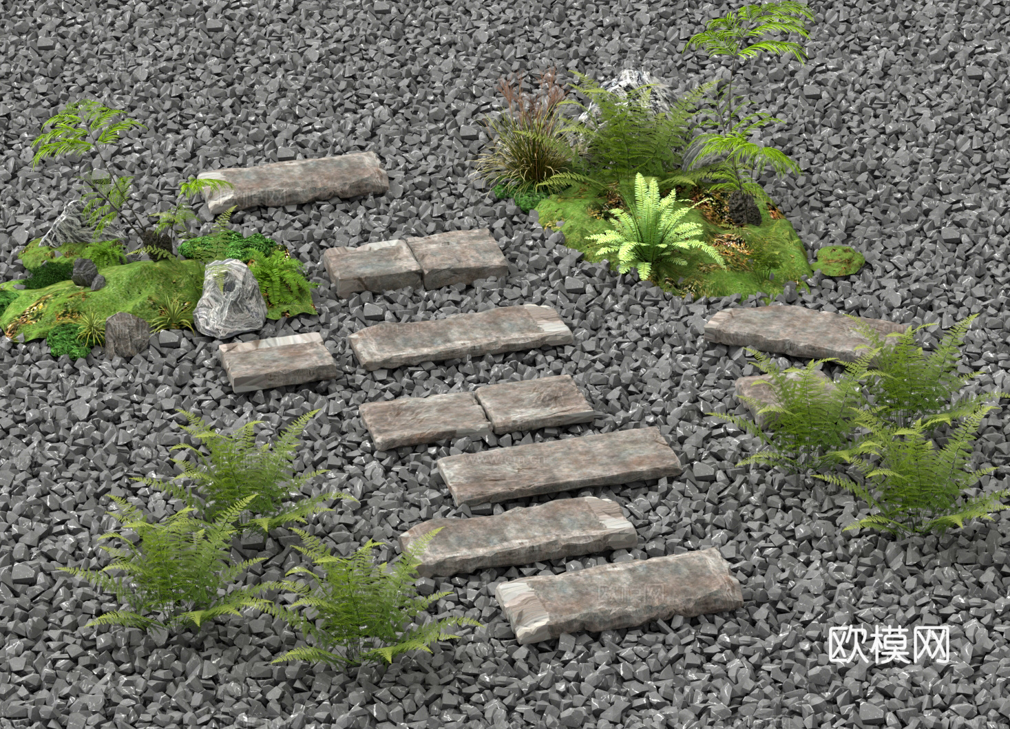 青石板 石板铺路 汀步小品 碎石 植物堆3d模型