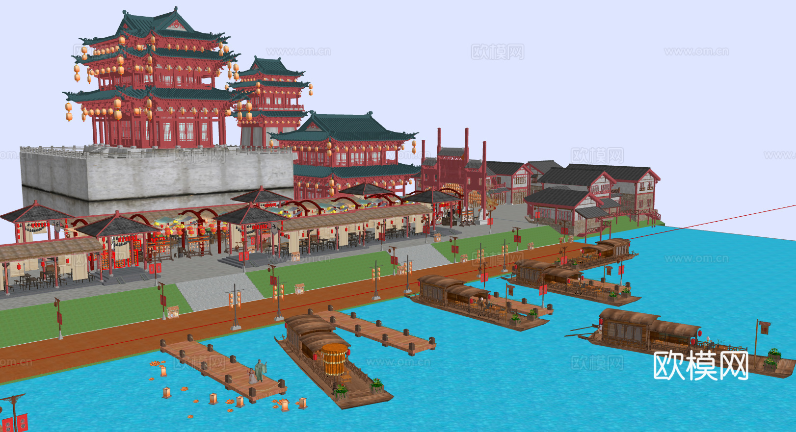 中式古风敦煌大唐文化壁画艺术元素集市美陈su模型