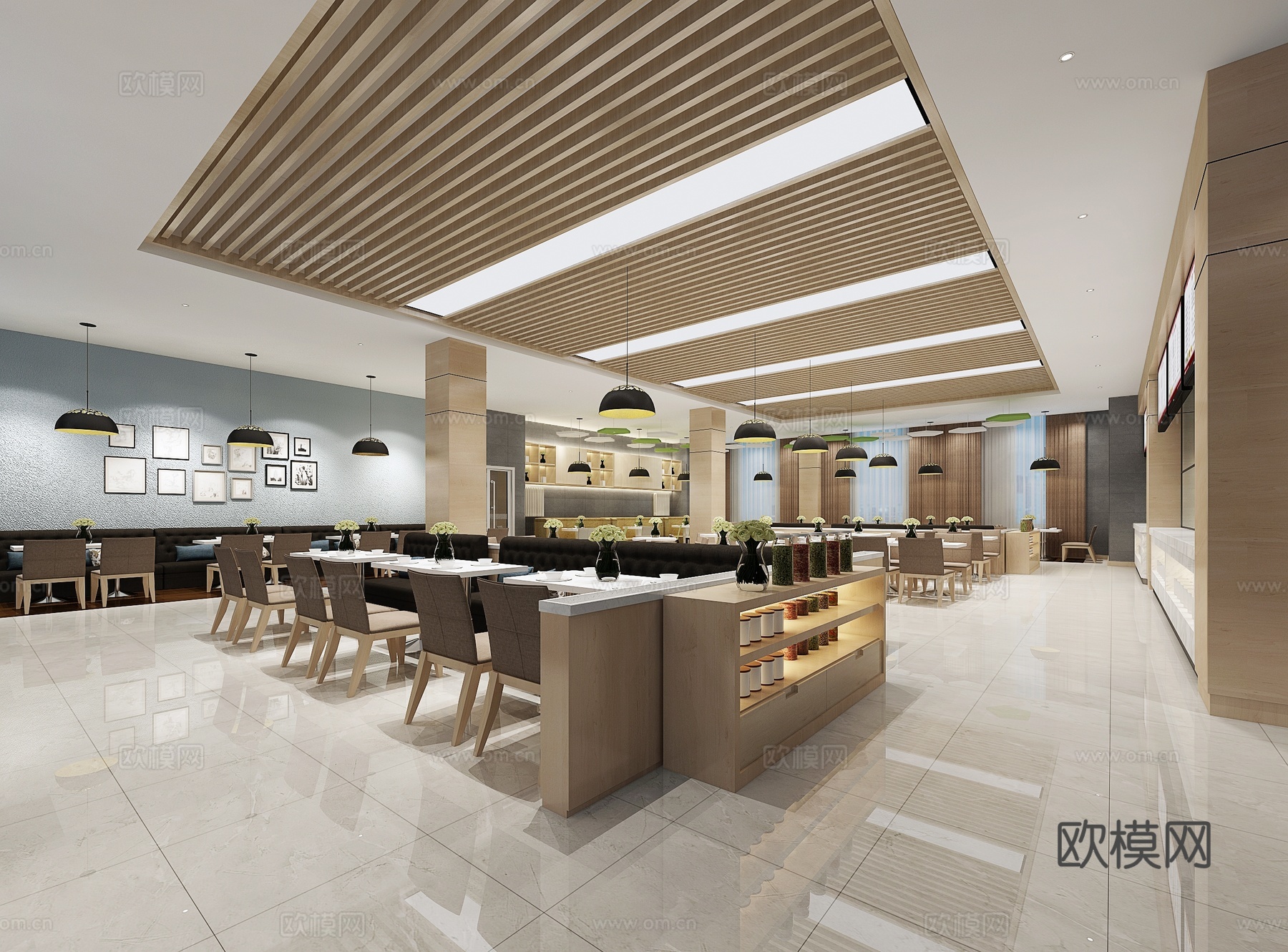现代员工餐厅 现代餐饮空间 餐桌椅 卡座 椅子 长桌子3d模型