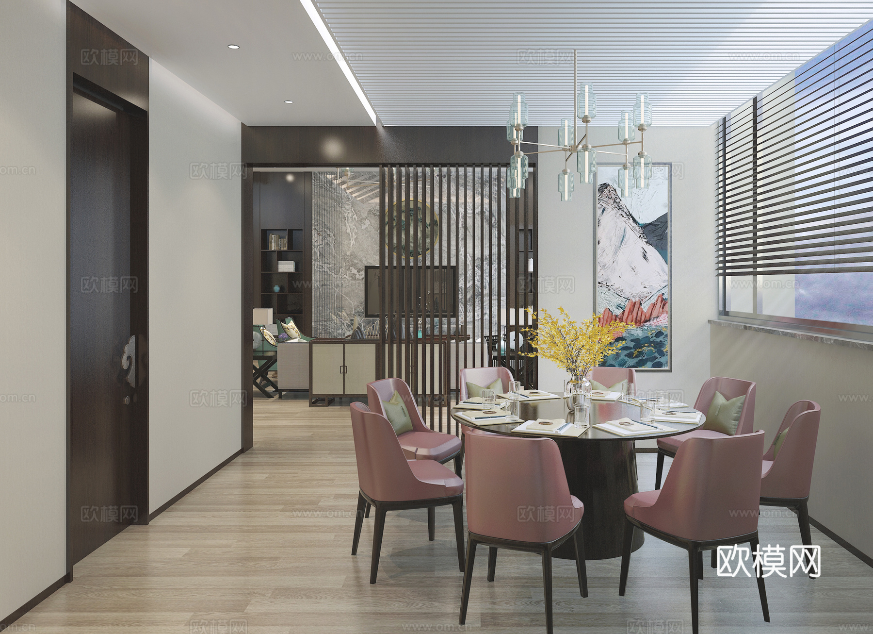 新中式客厅 餐厅 茶室 门厅 背景墙 沙发组合 餐桌椅3d模型
