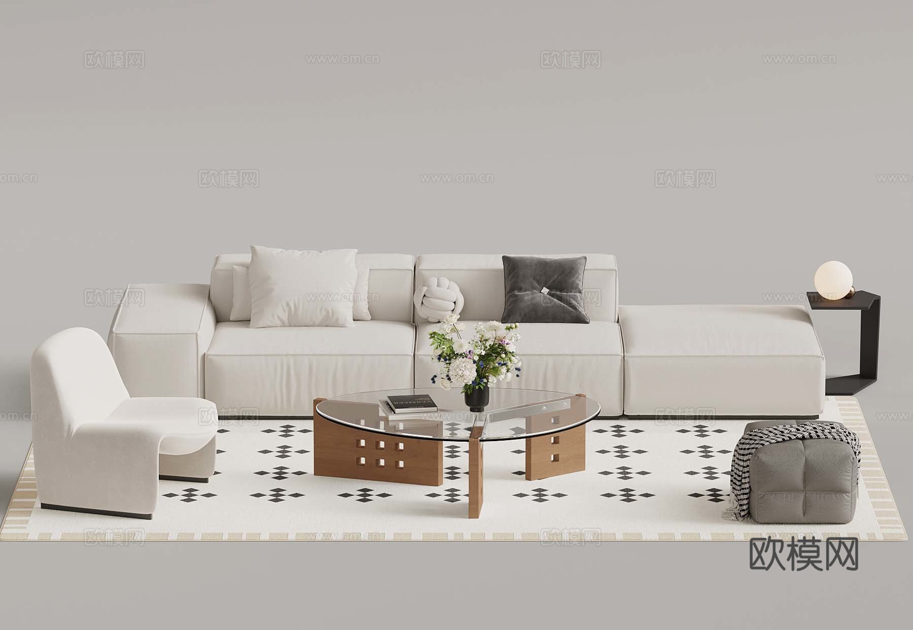 奶油风沙发组合 茶几3d模型