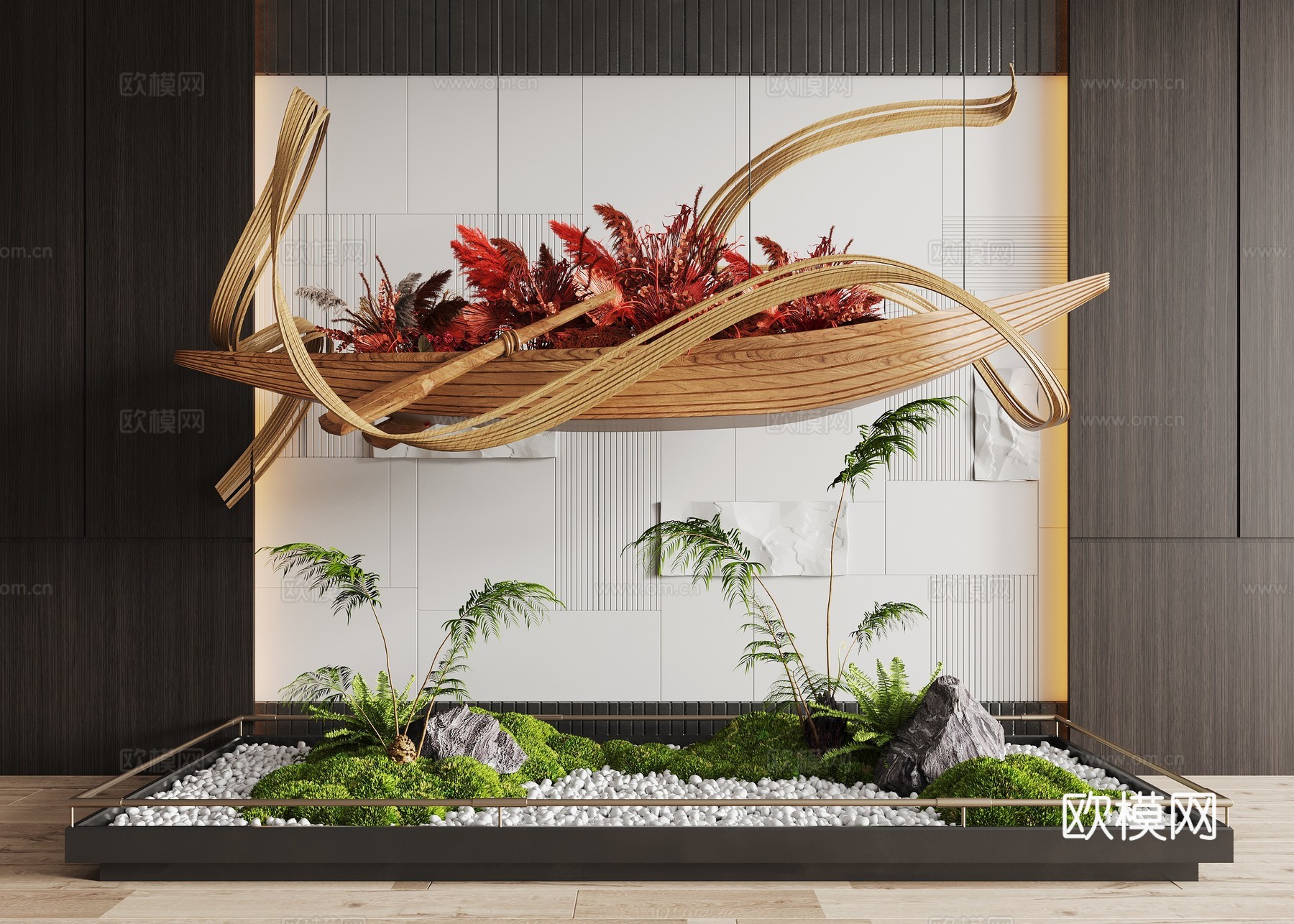 现代室内景观造景 苔藓景观 景观小品 藤编装置 艺术装置3d模型