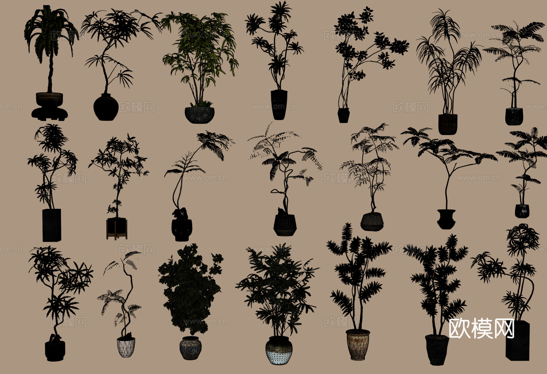 侘寂中古风盆栽绿植su模型