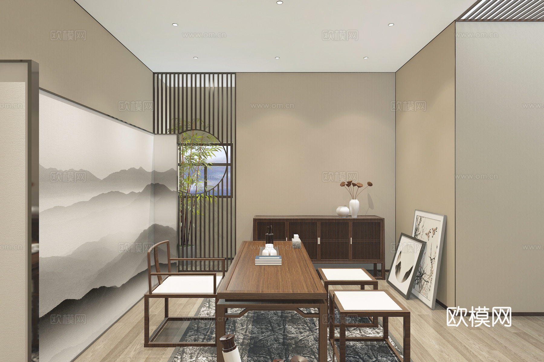 新中式客厅 餐厅 茶室 门厅 背景墙 沙发组合 餐桌椅3d模型