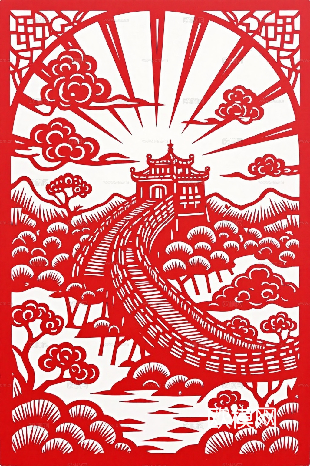 民族风格窗花 剪纸画 长城 剪纸画 年画