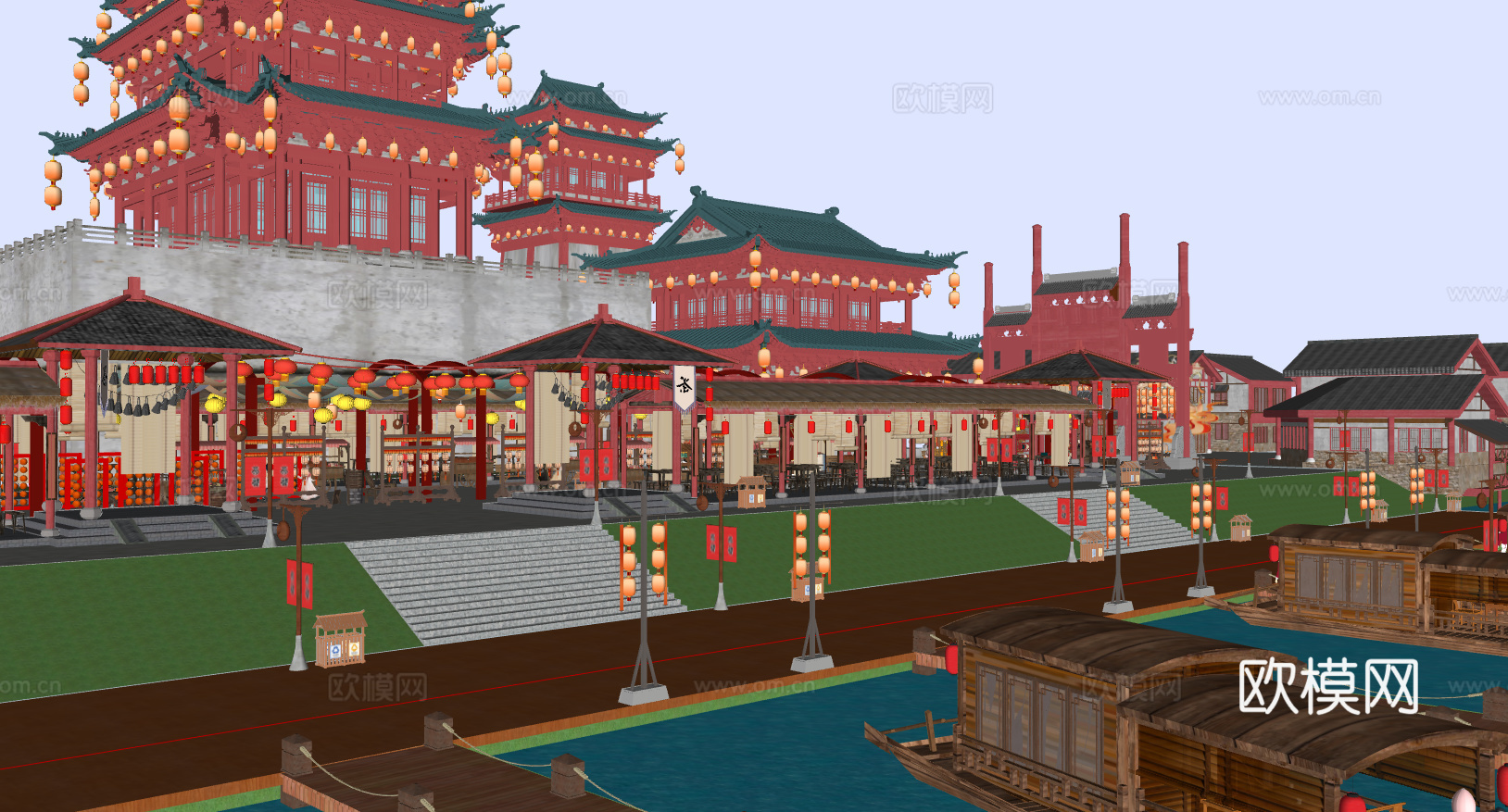 中式古风敦煌大唐文化壁画艺术元素集市美陈su模型