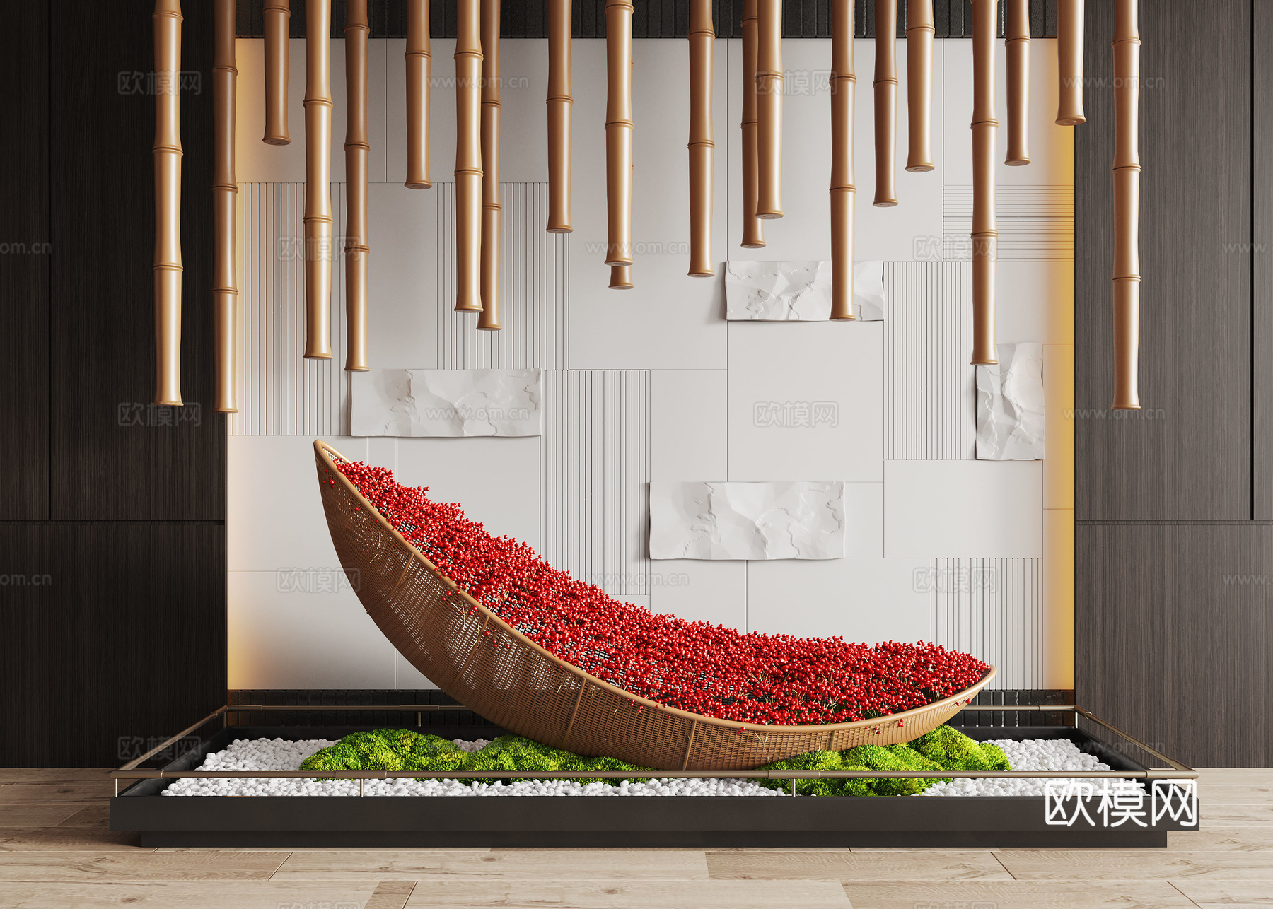 现代室内景观造景 苔藓景观 景观小品 藤编装置 艺术装置3d模型