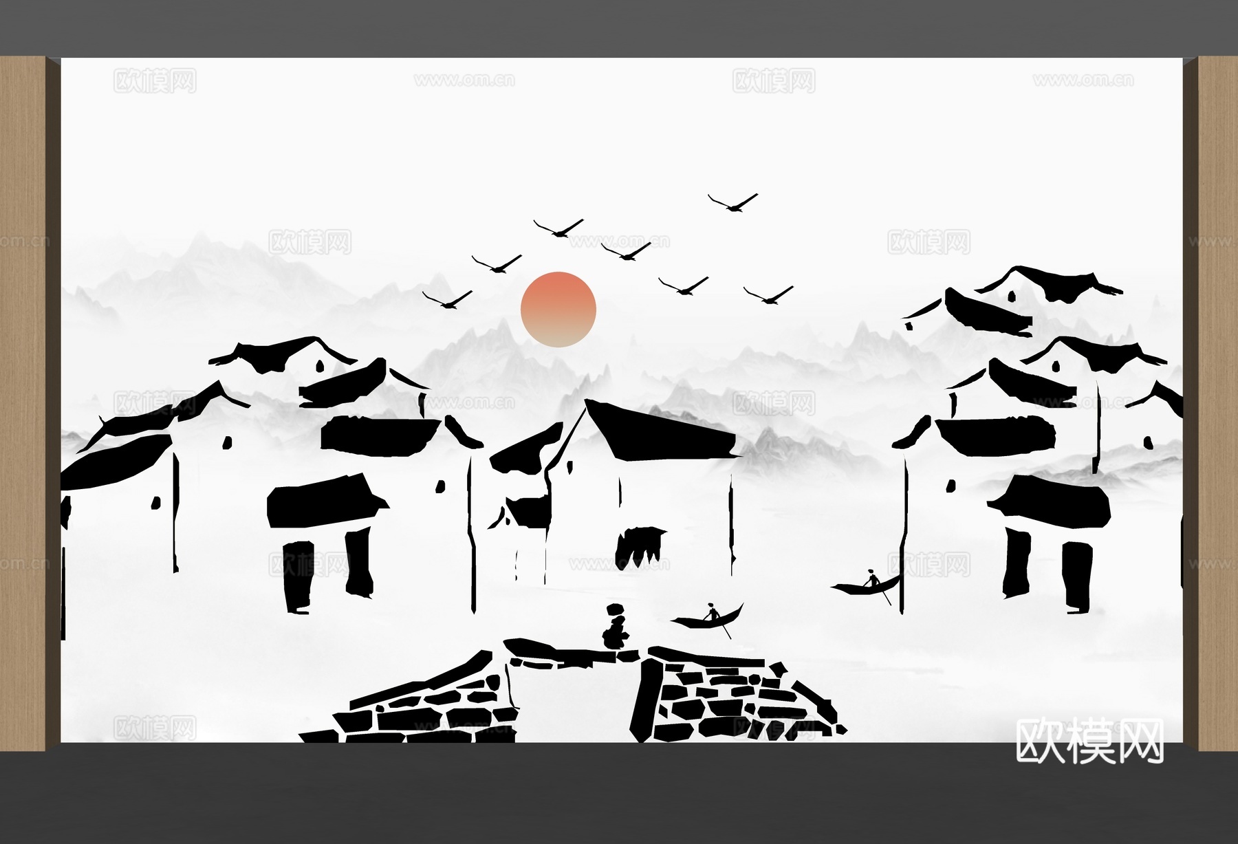 中式瓦片背景墙 马头墙背景墙 徽派建筑背景墙 中式格栅背景墙su模型