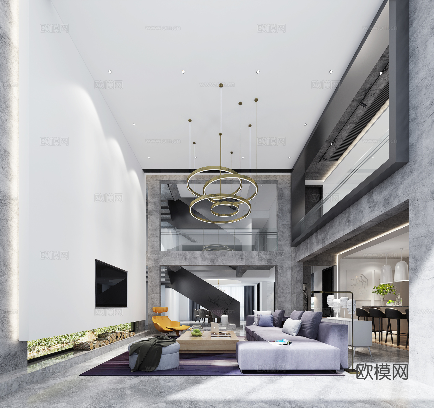 现代别墅客餐厅 吧台 转角沙发 单人沙发 茶几 吊灯 餐3d模型