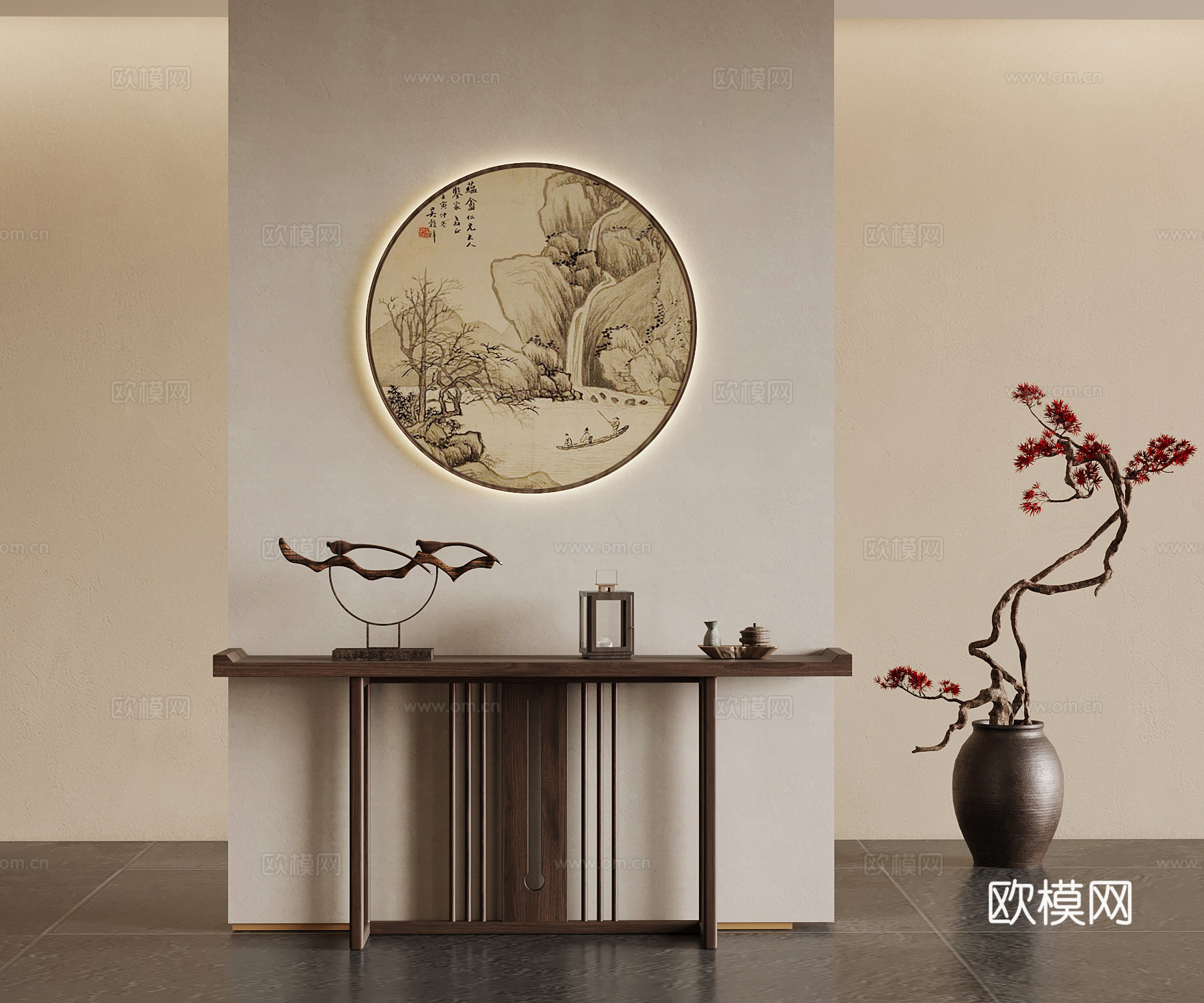 新中式玄关 端景台 玄关背景墙3d模型