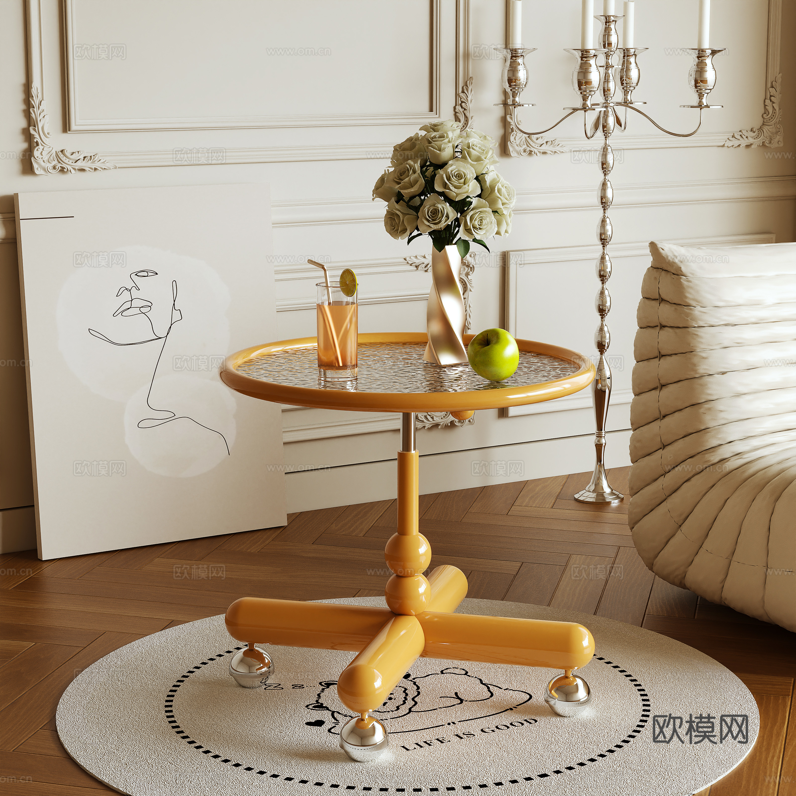 奶油风边几 移动边几3d模型