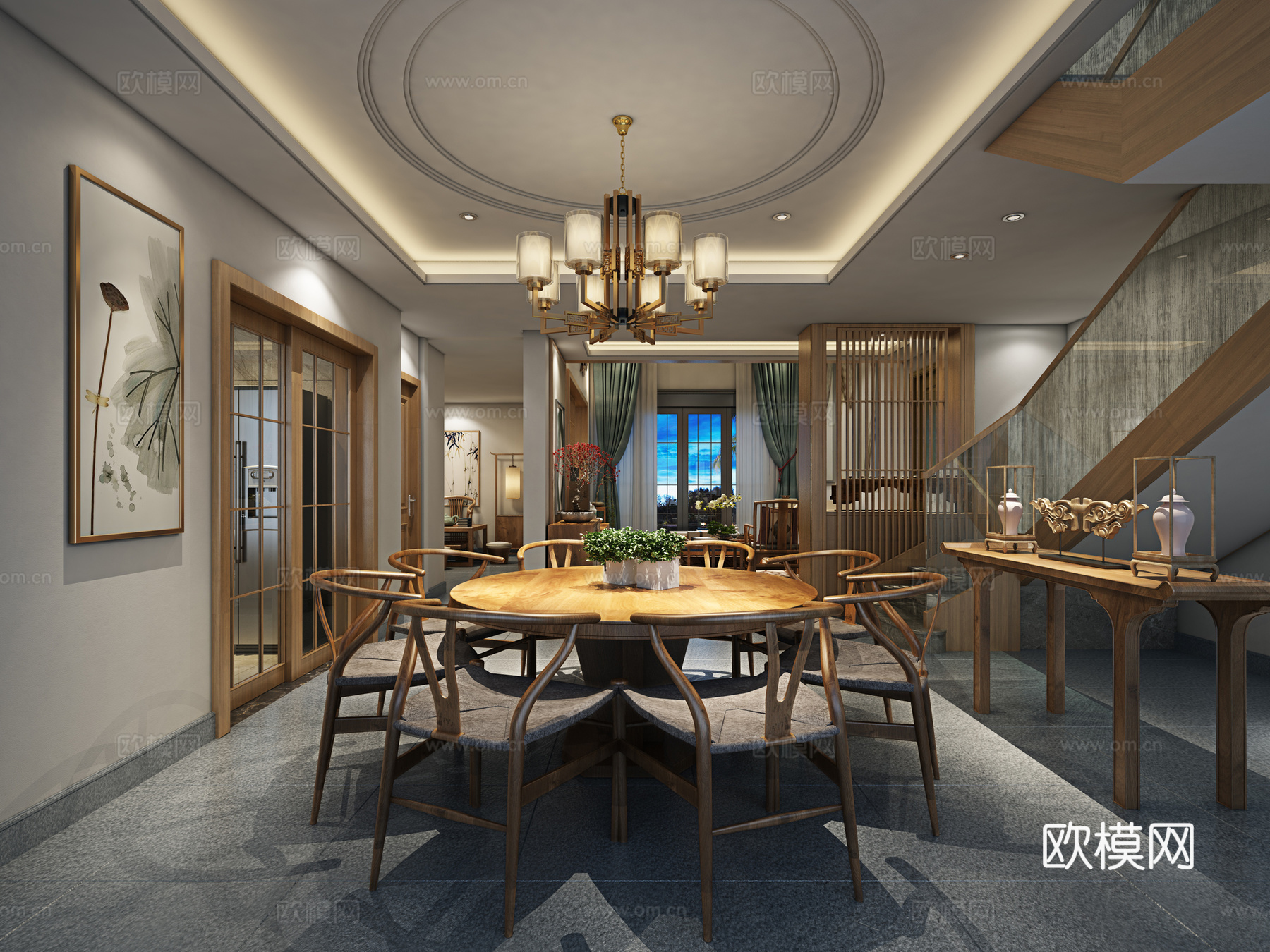 新中式别墅客餐厅 沙发茶几组合 楼梯 餐桌椅 荷花3d模型
