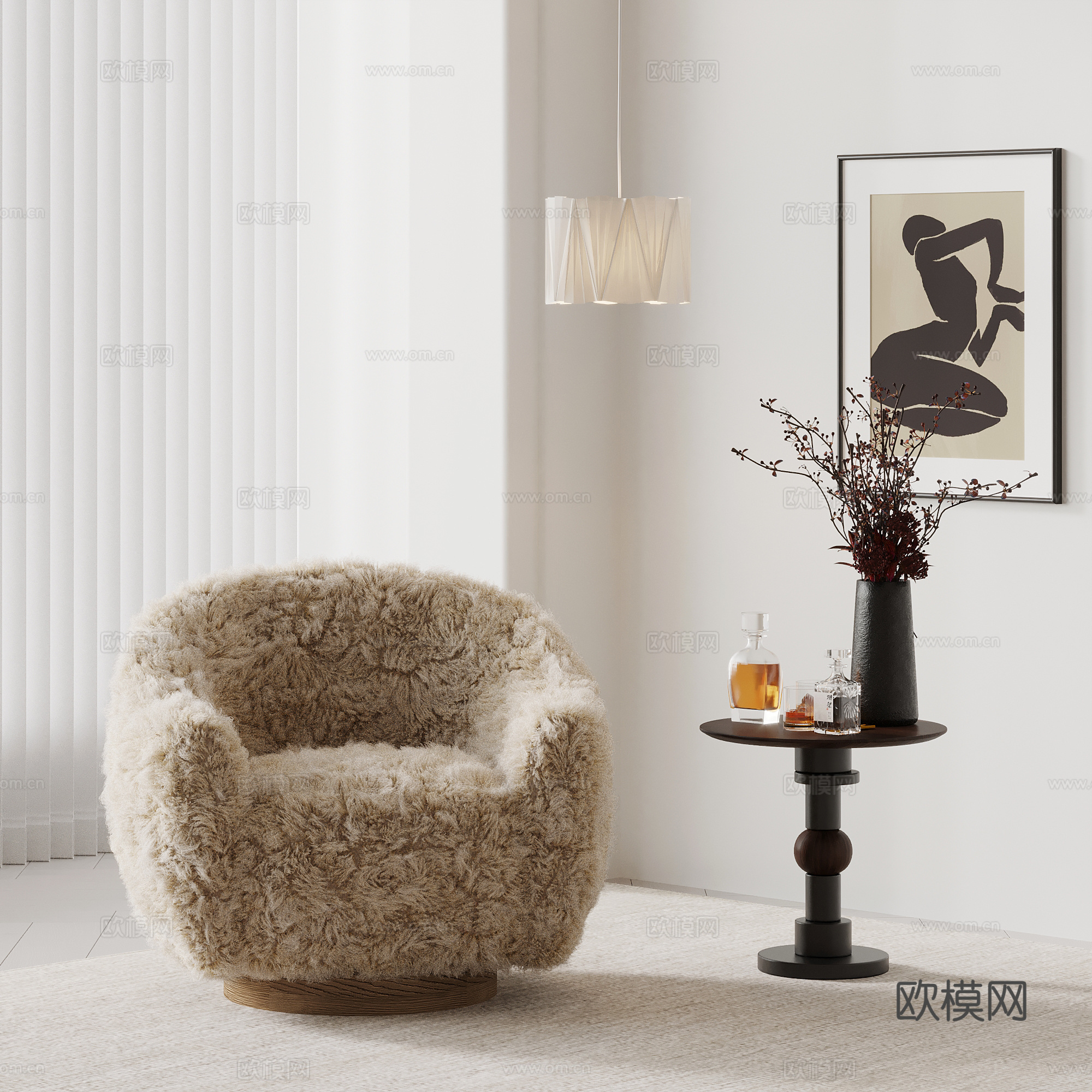 单人沙发 现代休闲沙发 边几 吊灯 装饰画3d模型