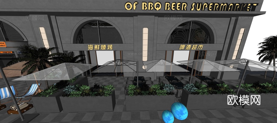 海鲜餐吧外摆区 酒吧外摆 餐饮外摆 露营风su模型下载(渲染图2)