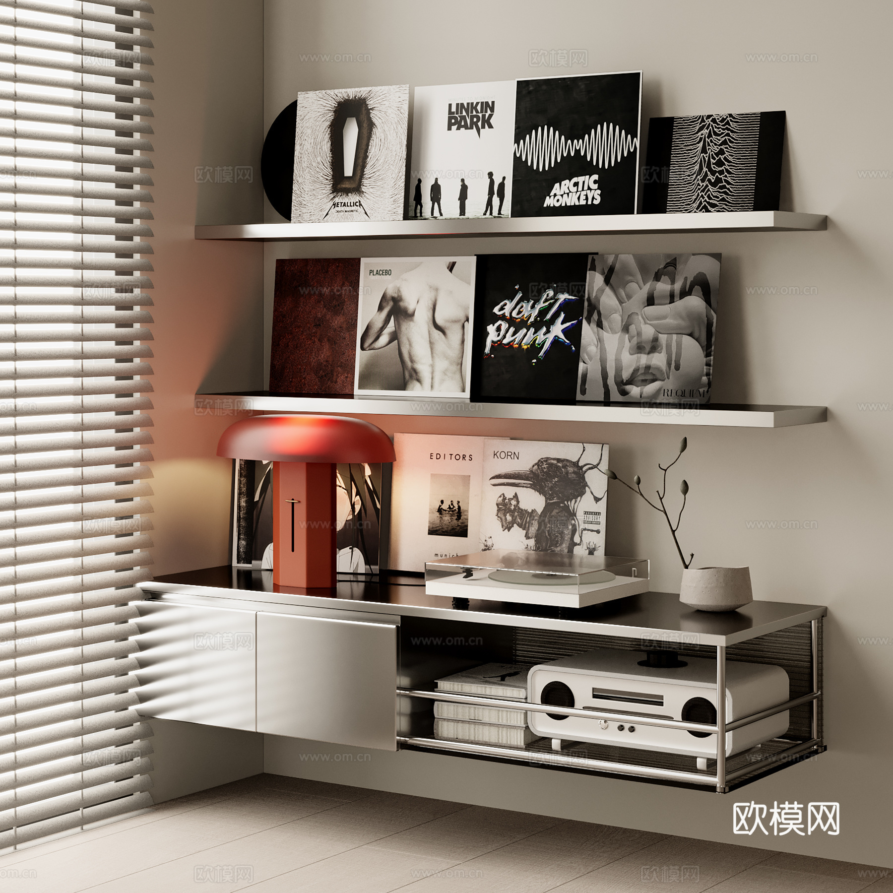 中古风金属书架 装饰架 书籍书本 台灯 音响 唱片机 唱片碟3d模型