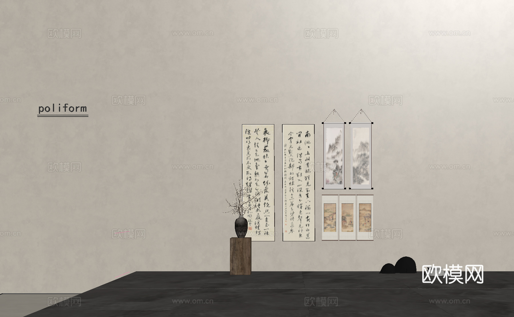 中式挂画 水墨画 书法字画 卷轴画组合 花瓶花艺su模型