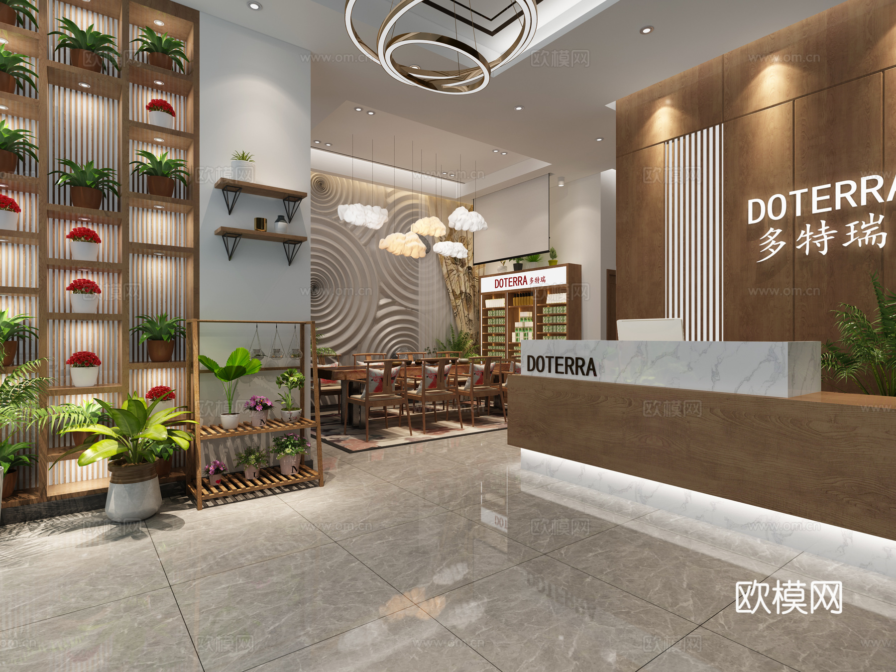新中式前台 绿植 吧台 家具 展示柜 灯具模型下载3d模型