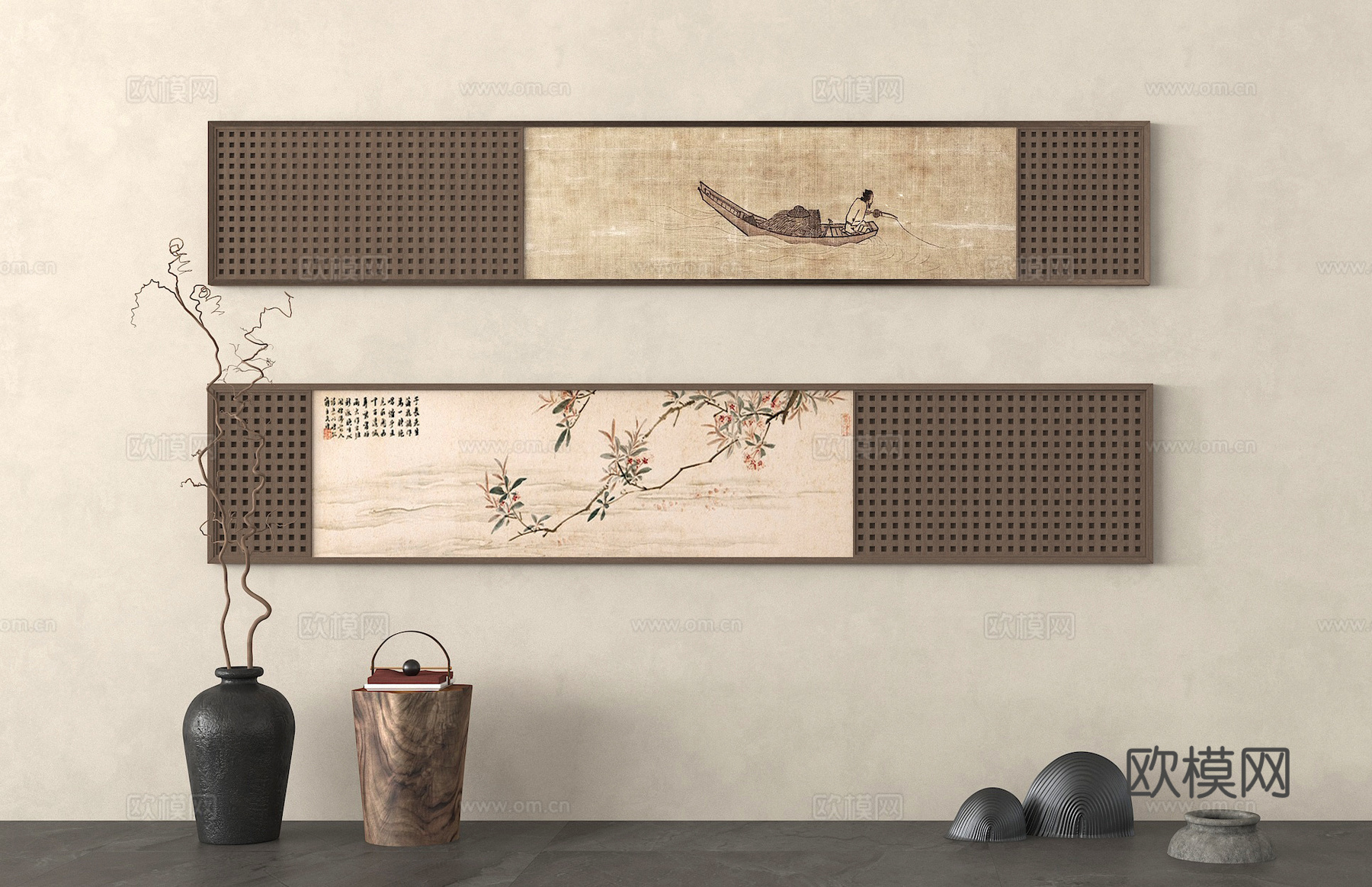 中式挂画 水墨画 花艺花瓶 挂画组合3d模型