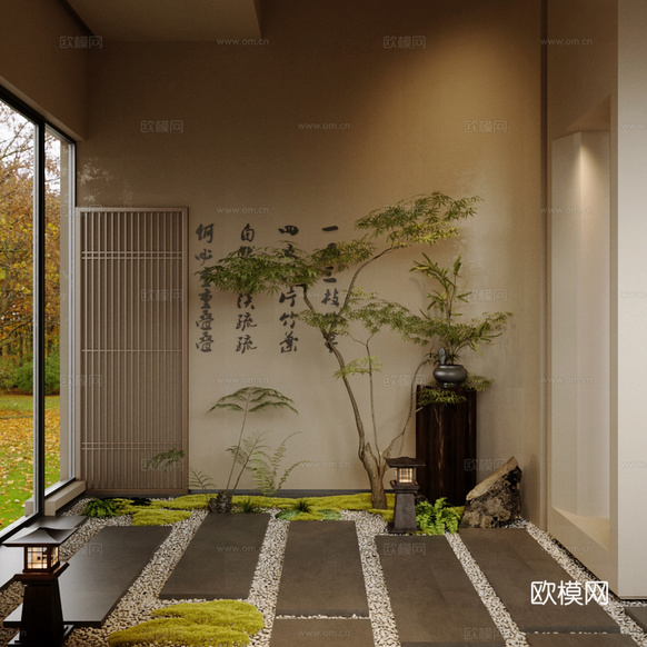 新中式室内景观 茶馆入门景观 景观小品 室内景观造景 植物堆3d模型下载