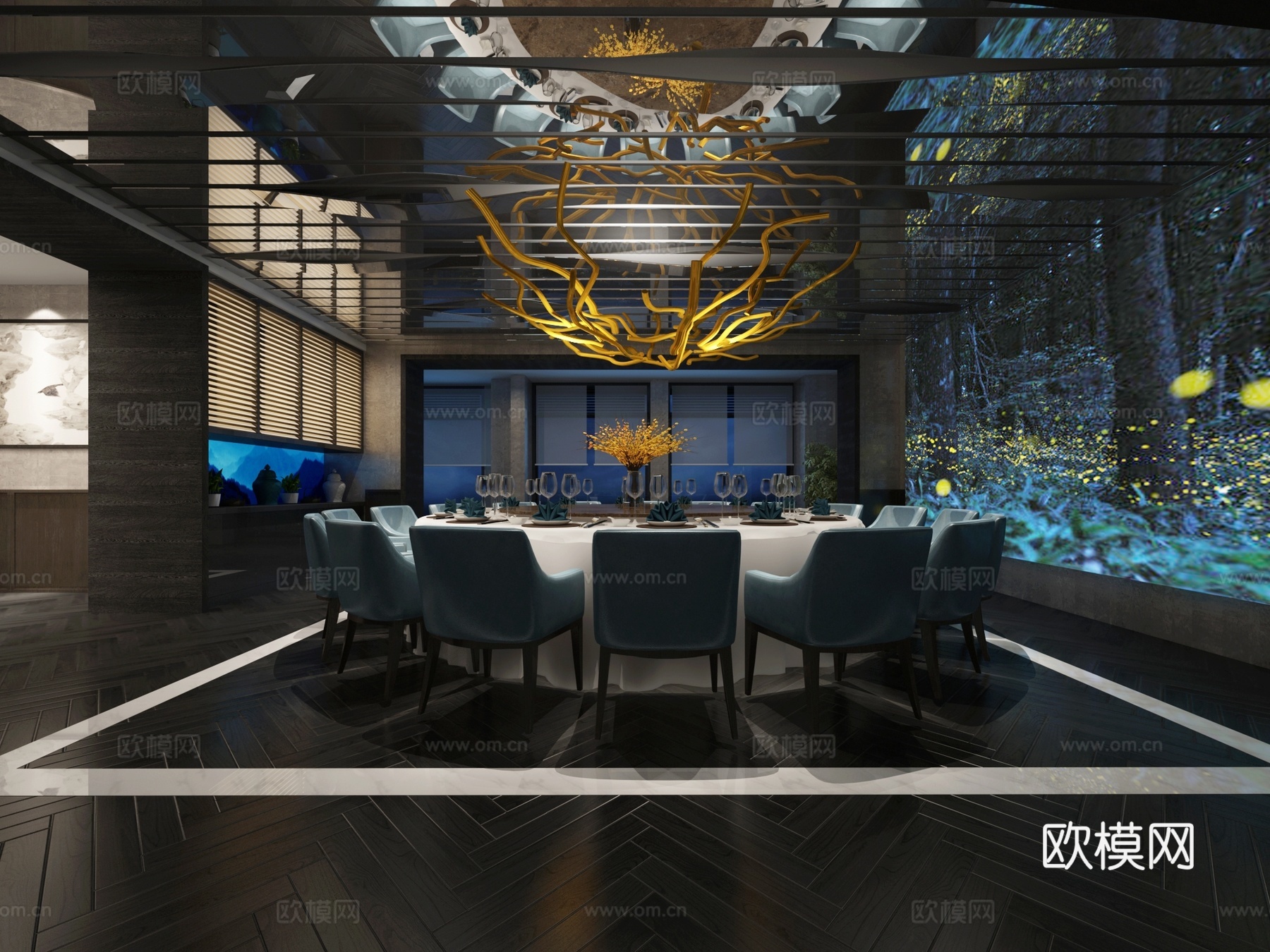 现代酒店宴会厅 圆桌椅 吊灯 简约水晶吊灯组合3d模型