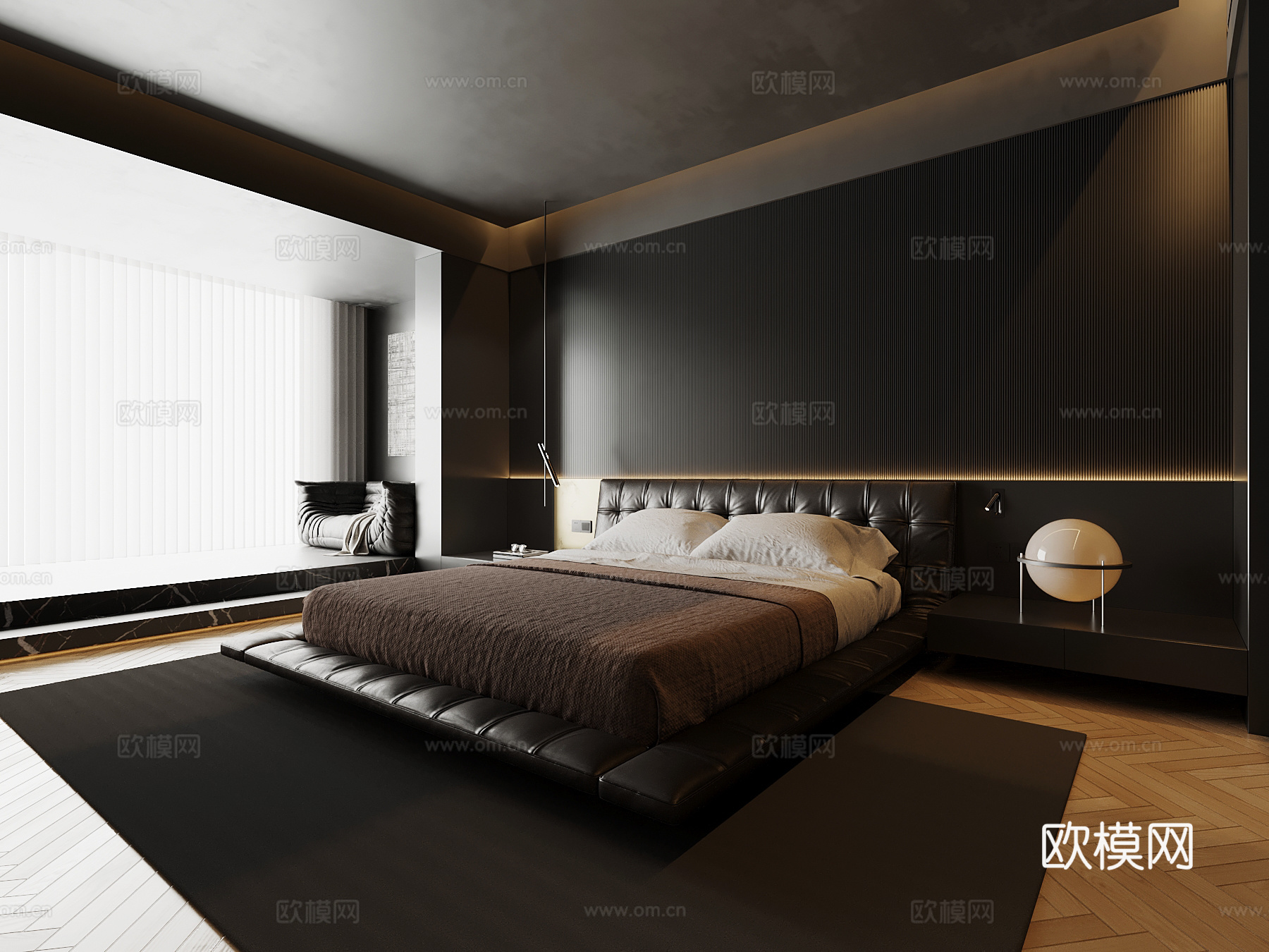 现代卧室 意式卧室 双人床3d模型