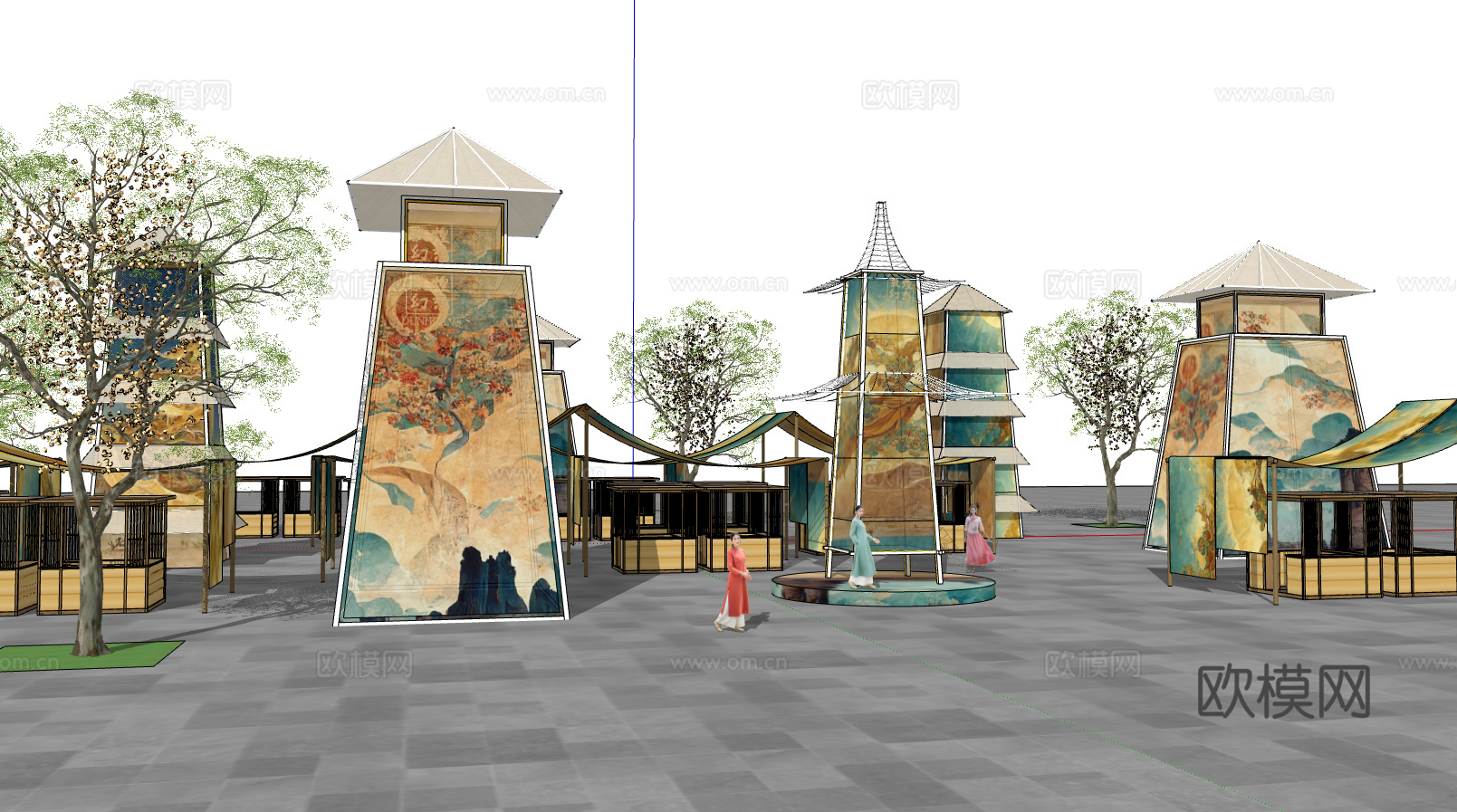 中式古风敦煌大唐文化壁画艺术元素集市美陈su模型