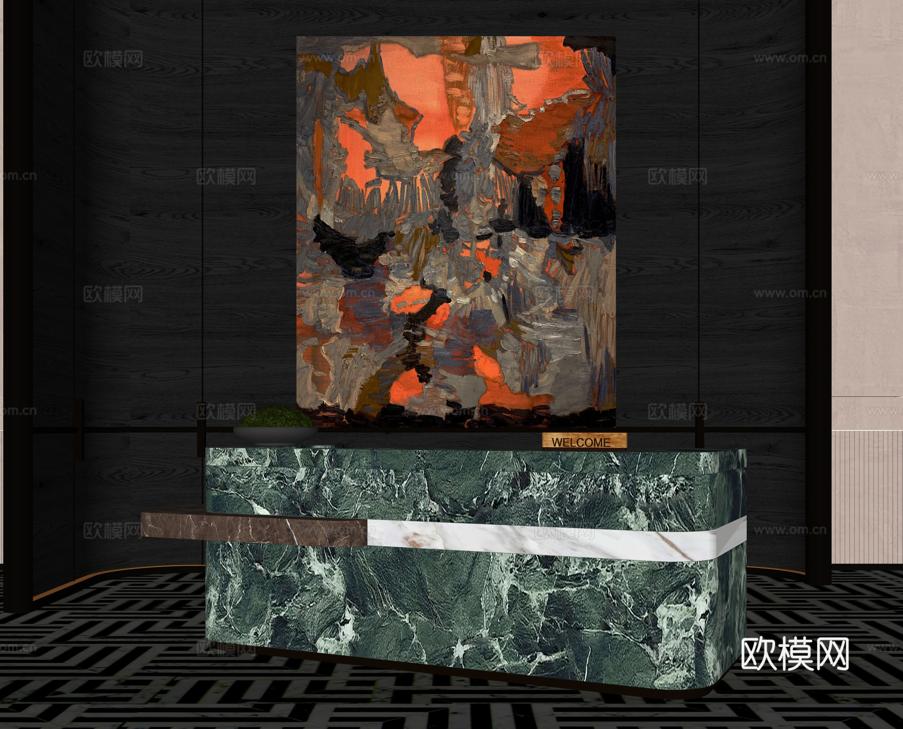 新中式酒店前台su模型