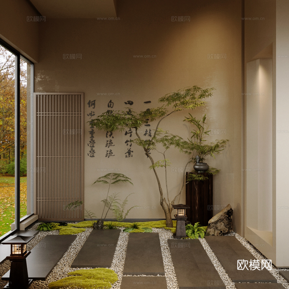 新中式室内景观 茶馆入门景观 景观小品 室内景观造景 植物堆su模型