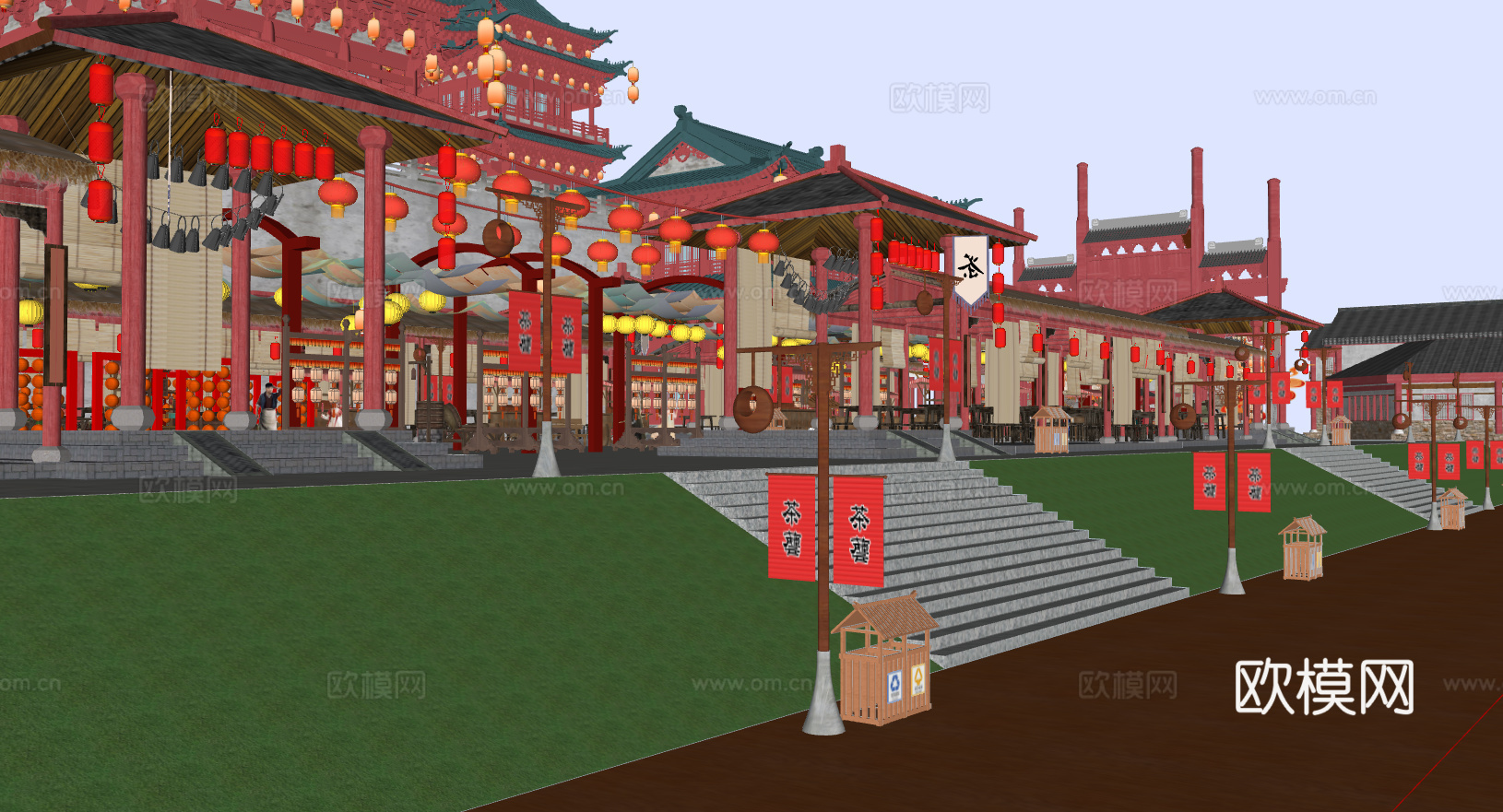 中式古风敦煌大唐文化壁画艺术元素集市美陈su模型