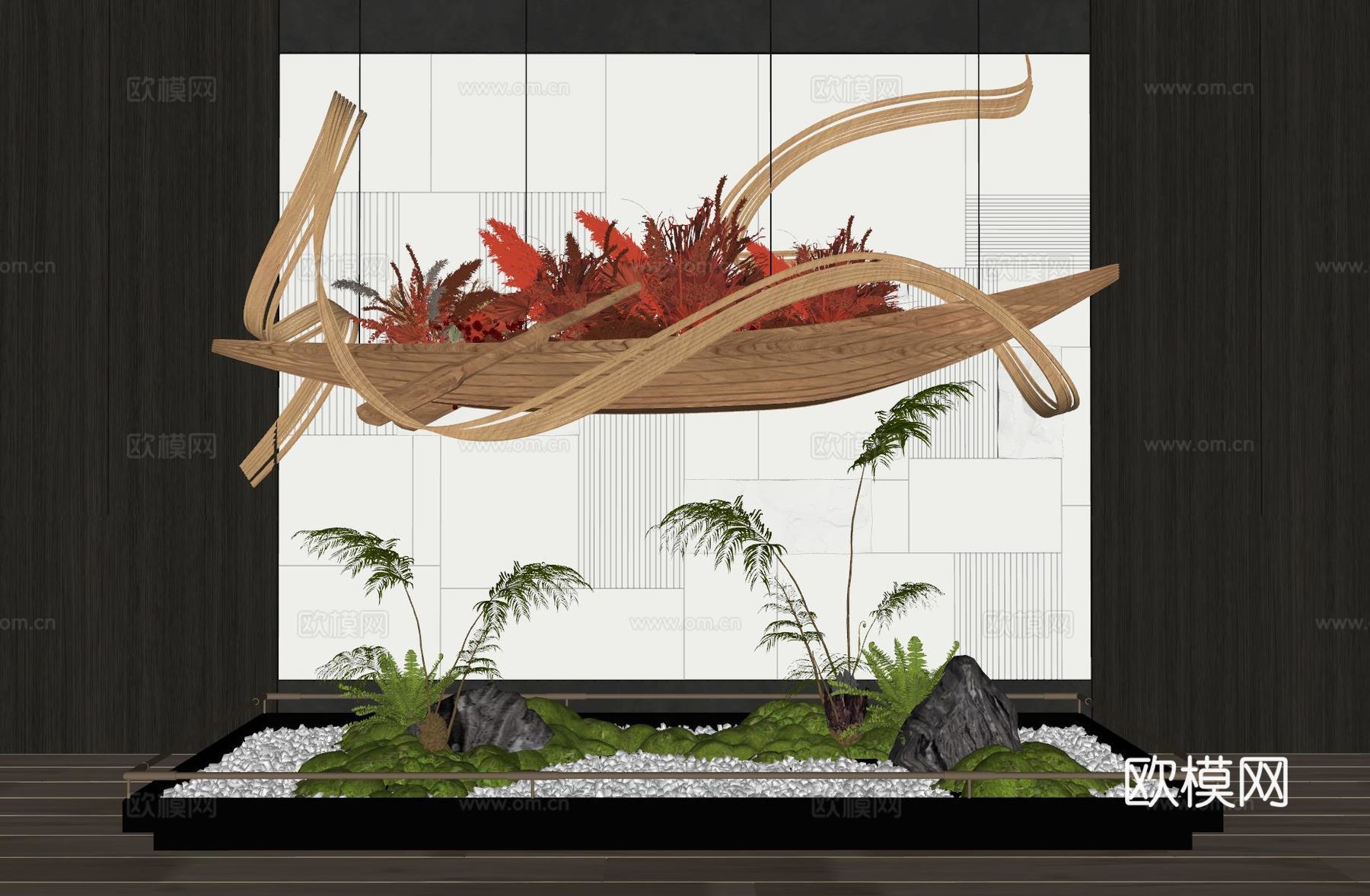 现代室内景观造景 苔藓景观 景观小品 藤编装置 艺术装置su模型