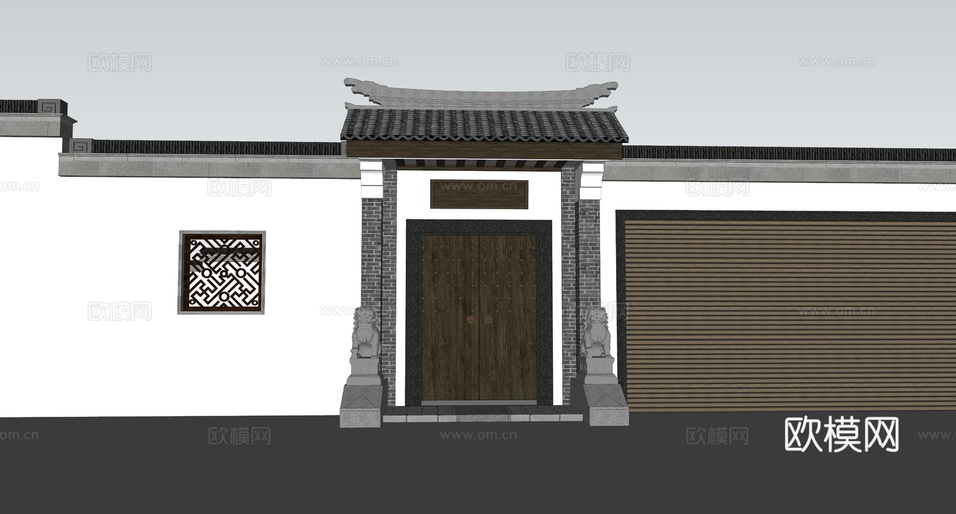民宿农村四合院围墙大门su模型下载(渲染图3)