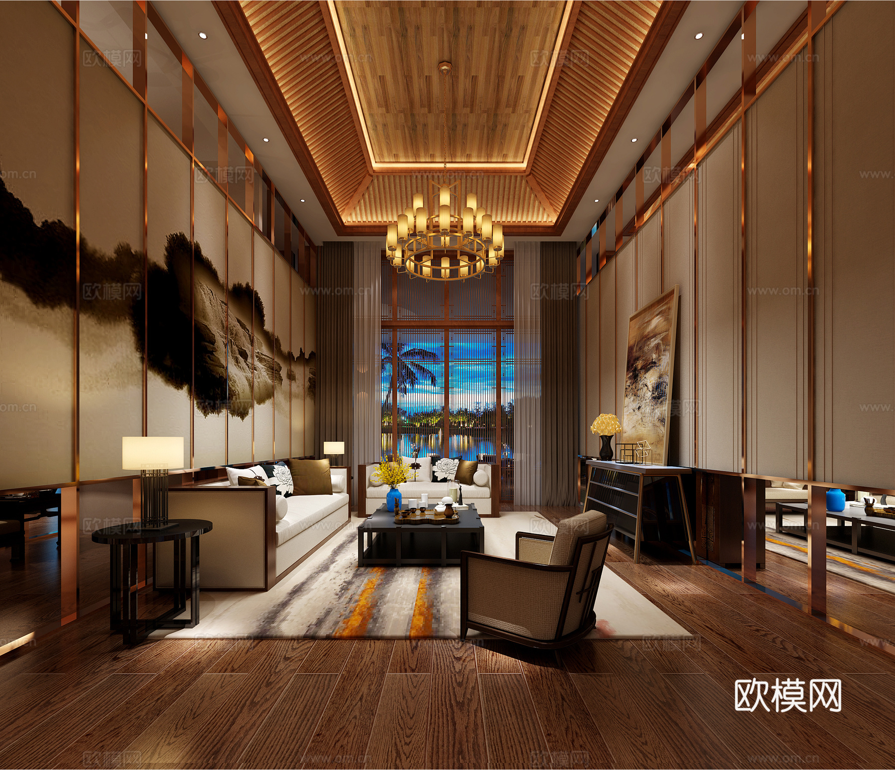 新中式大厅 酒店大堂 沙发茶几 吊灯3d模型
