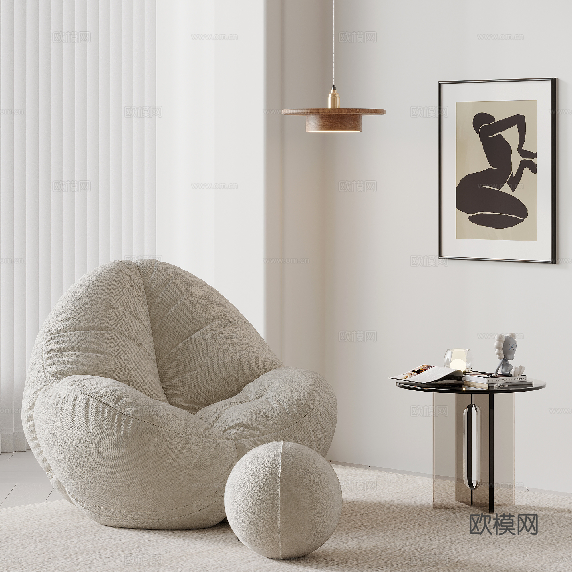 单人沙发 现代奶油风休闲沙发 边几 吊灯 装饰画3d模型