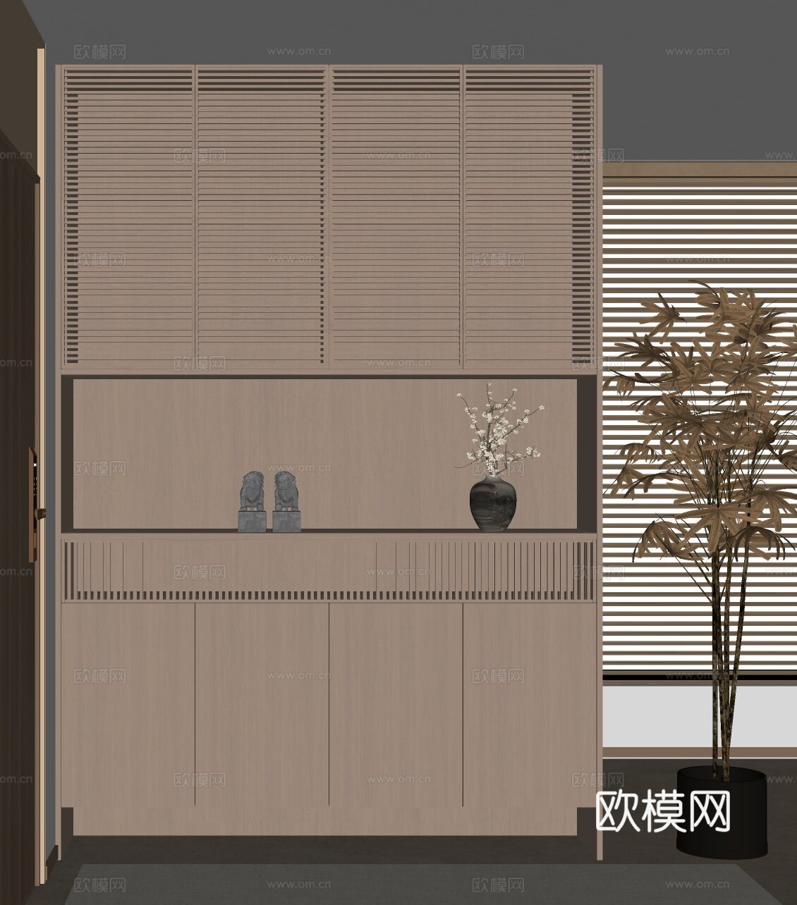 现代中古风玄关柜 玄关鞋柜 入户玄关柜su模型