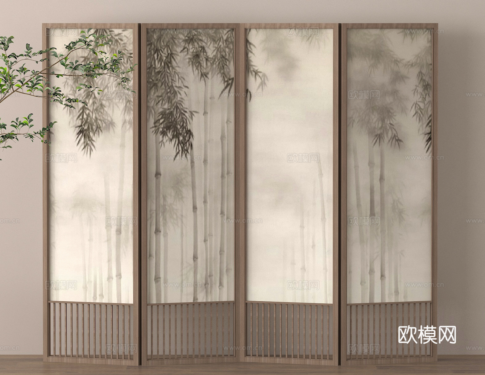 新中式屏风 折叠屏风 水墨画屏风 新中式隔断su模型