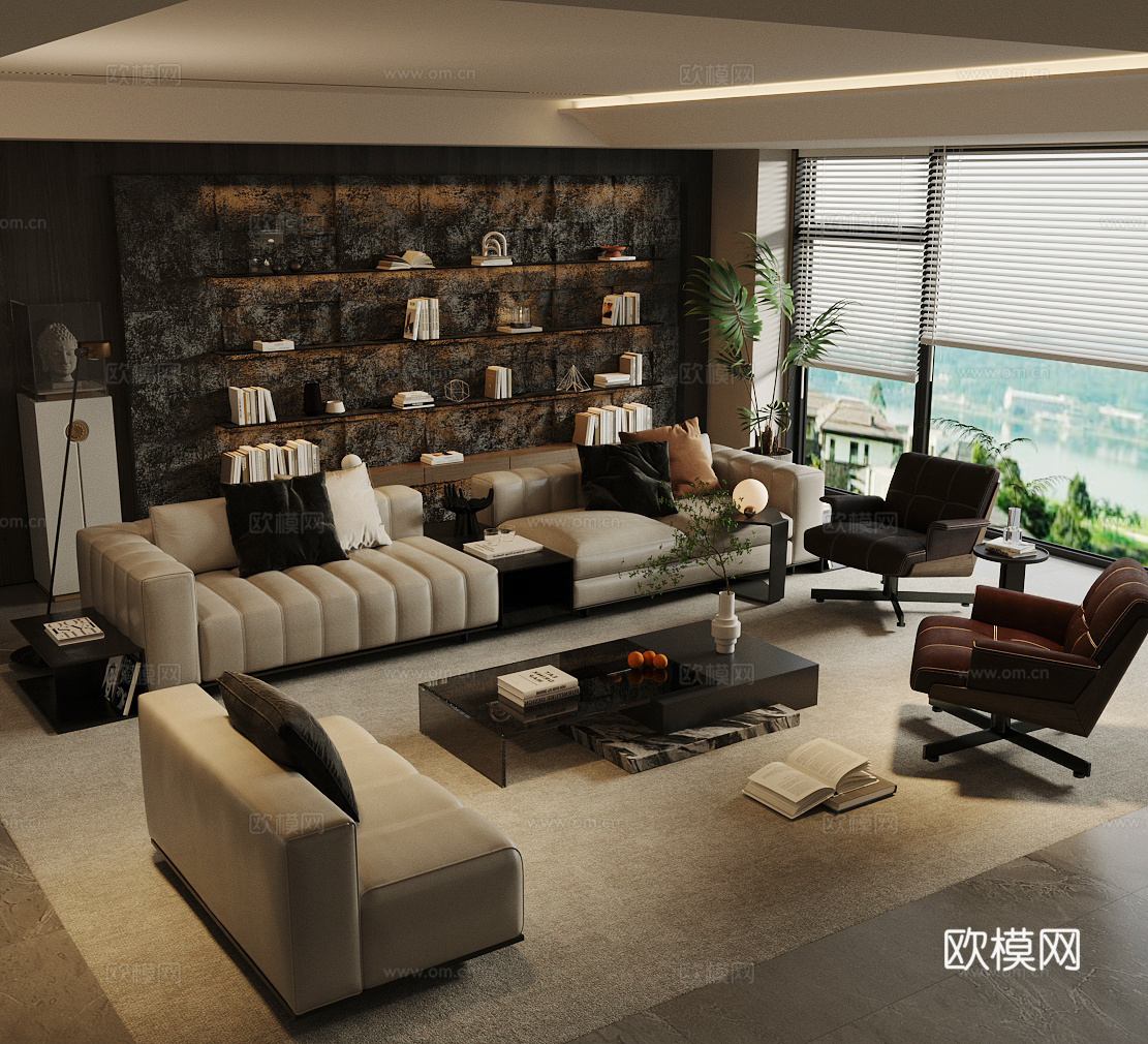 现代意式家居客厅 高级灰客厅 轻奢意式客厅 黑白客厅 沙发椅su模型