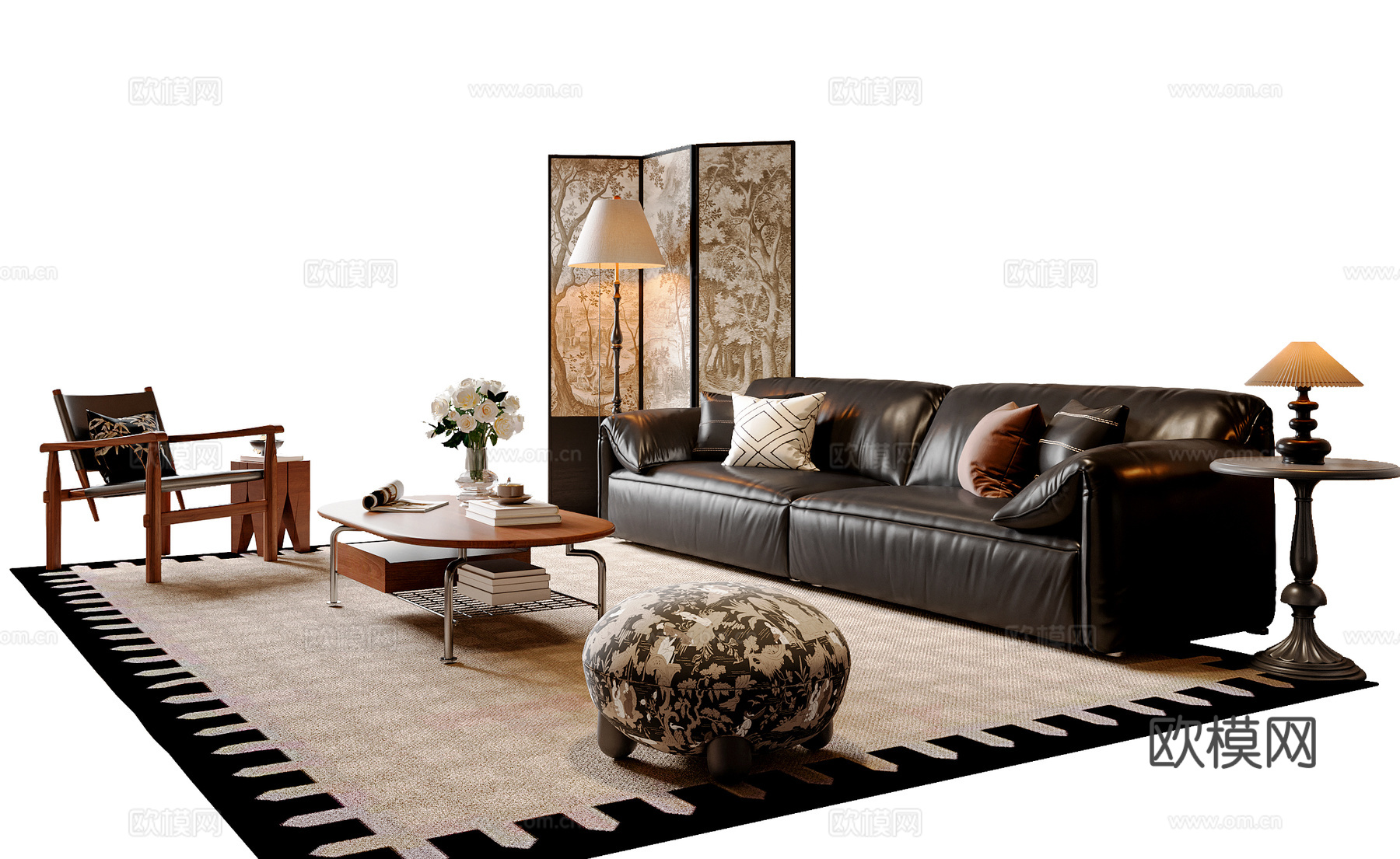 法式中古风沙发茶几组合 落地灯 休闲椅 屏风 台灯su模型下载（渲染图1）