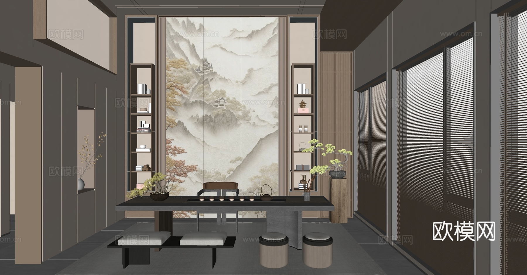 新中式茶室 会所茶室 挑空茶室 中式茶馆 茶桌椅 茶室柜su模型