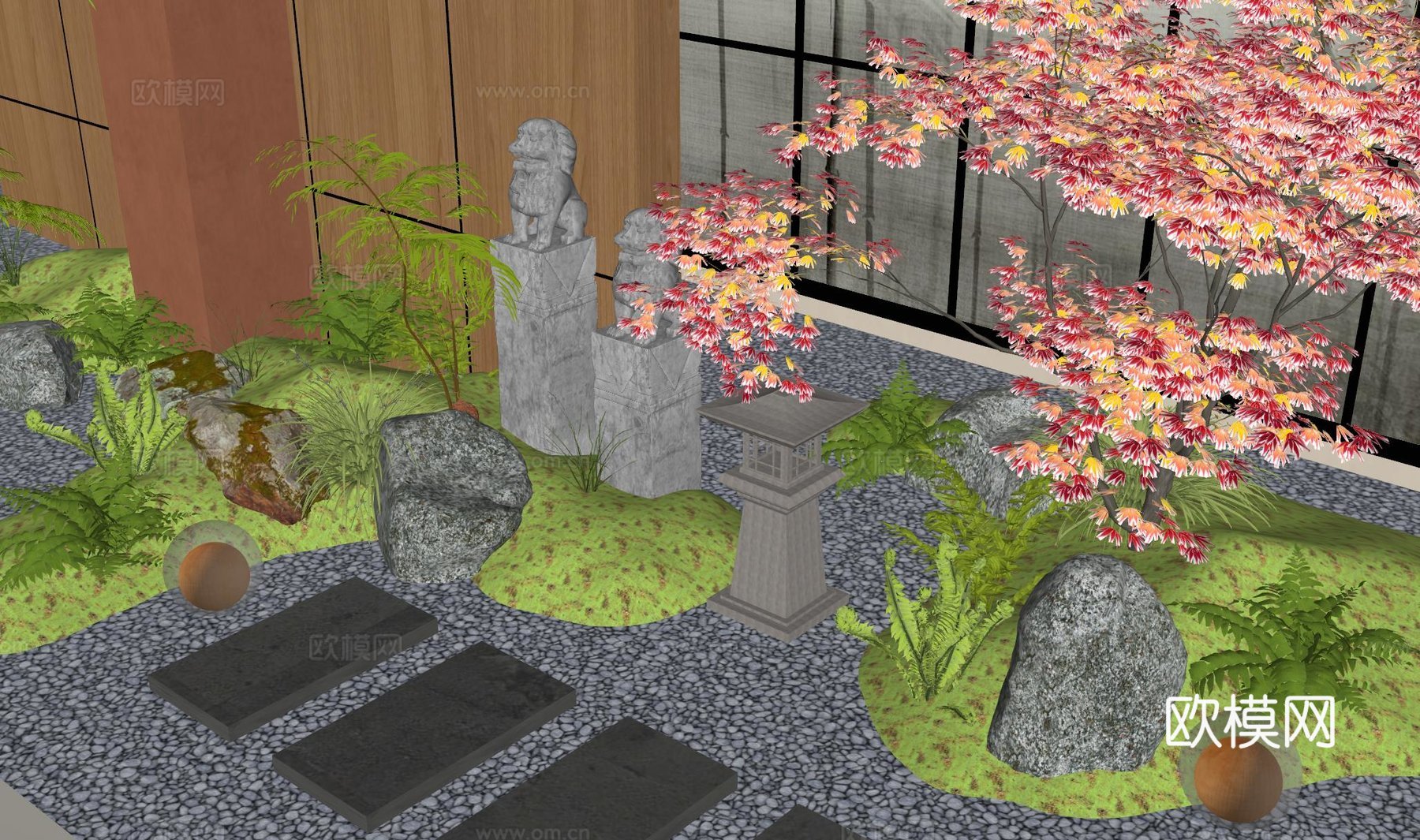 新中式景观造景 室内景观 苔藓植物 景观小品su模型