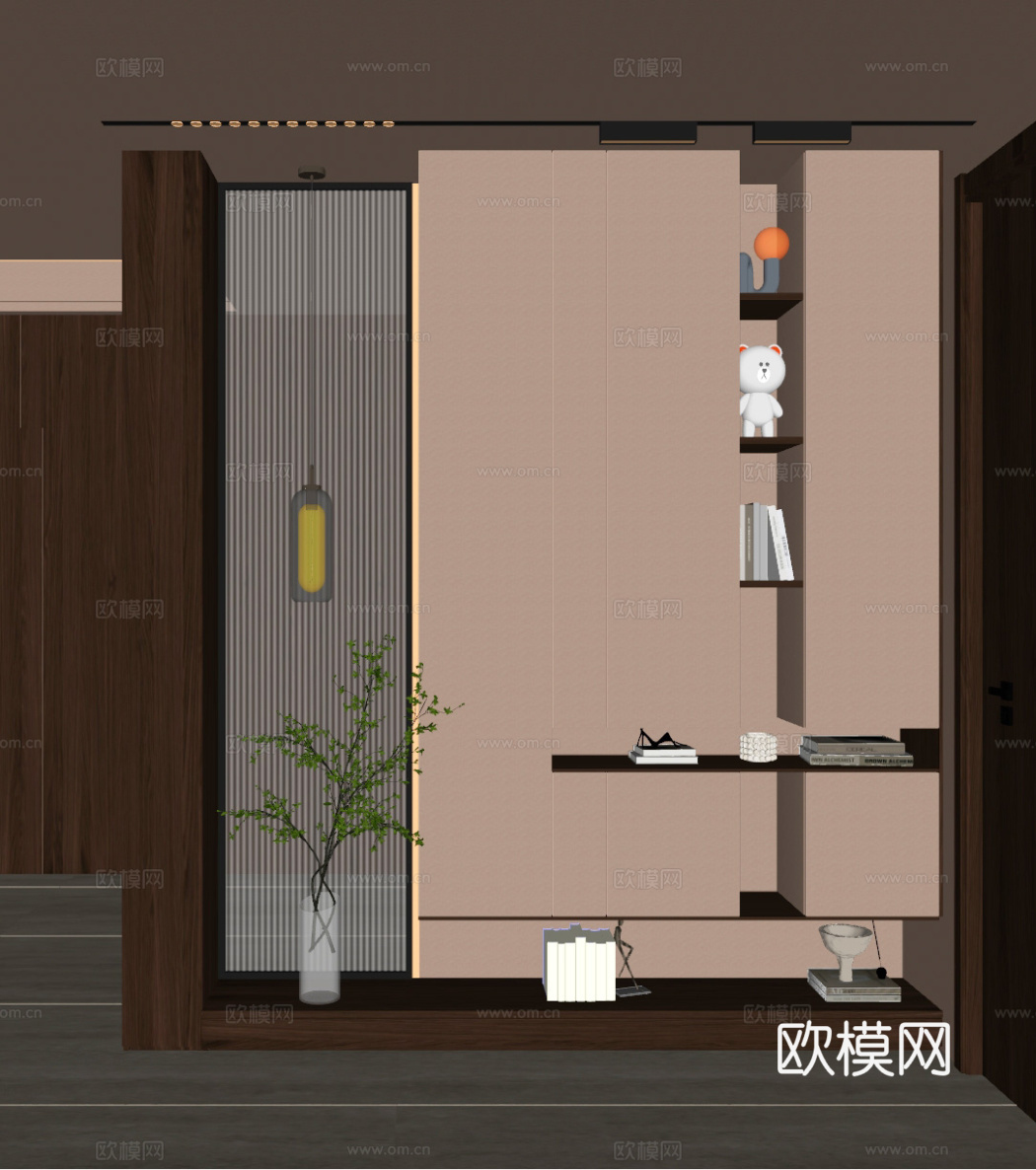 奶油 中古风 长虹玻璃 造型柜 端景 入户鞋柜 玄关su模型