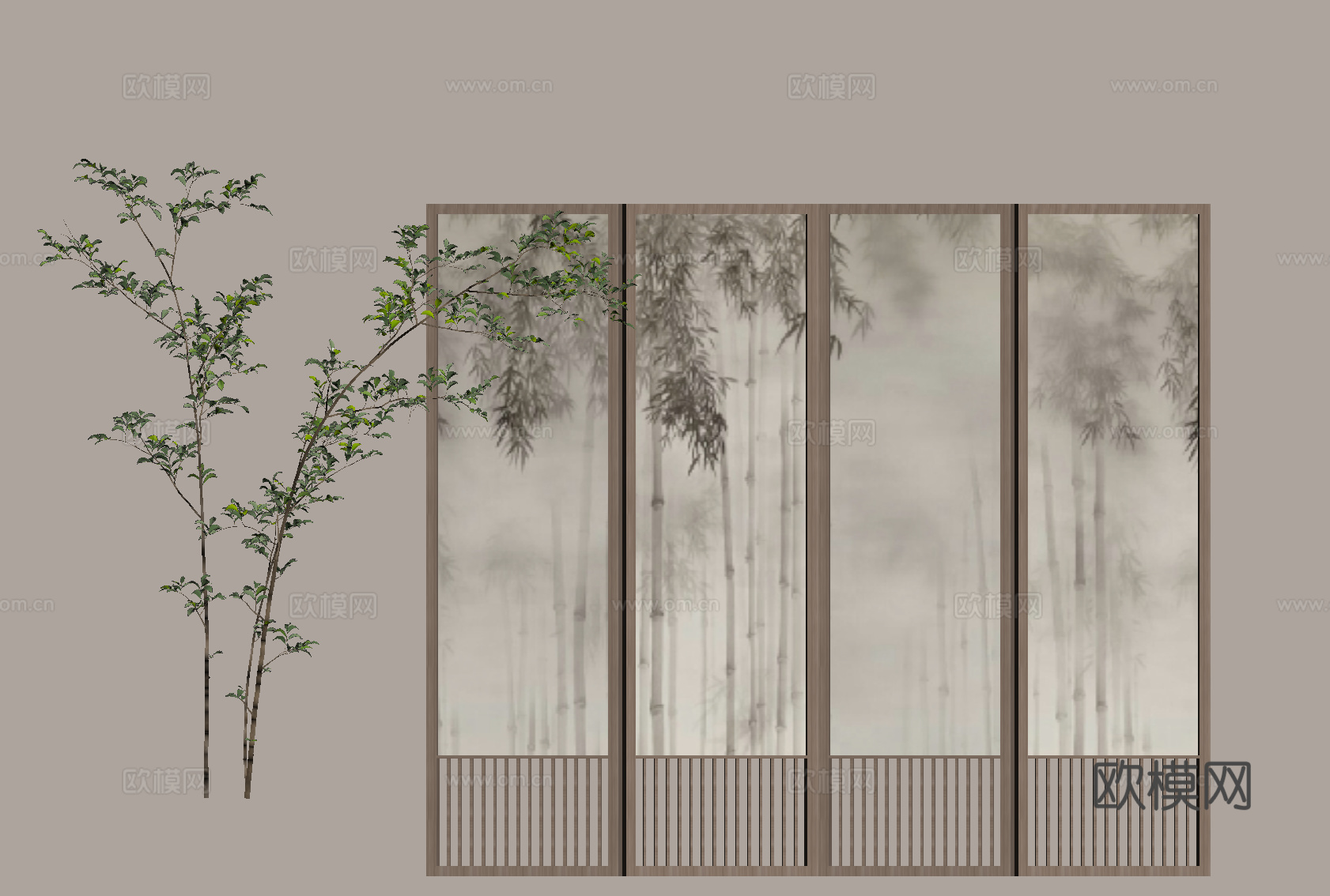 新中式屏风 折叠屏风 水墨画屏风 新中式隔断su模型