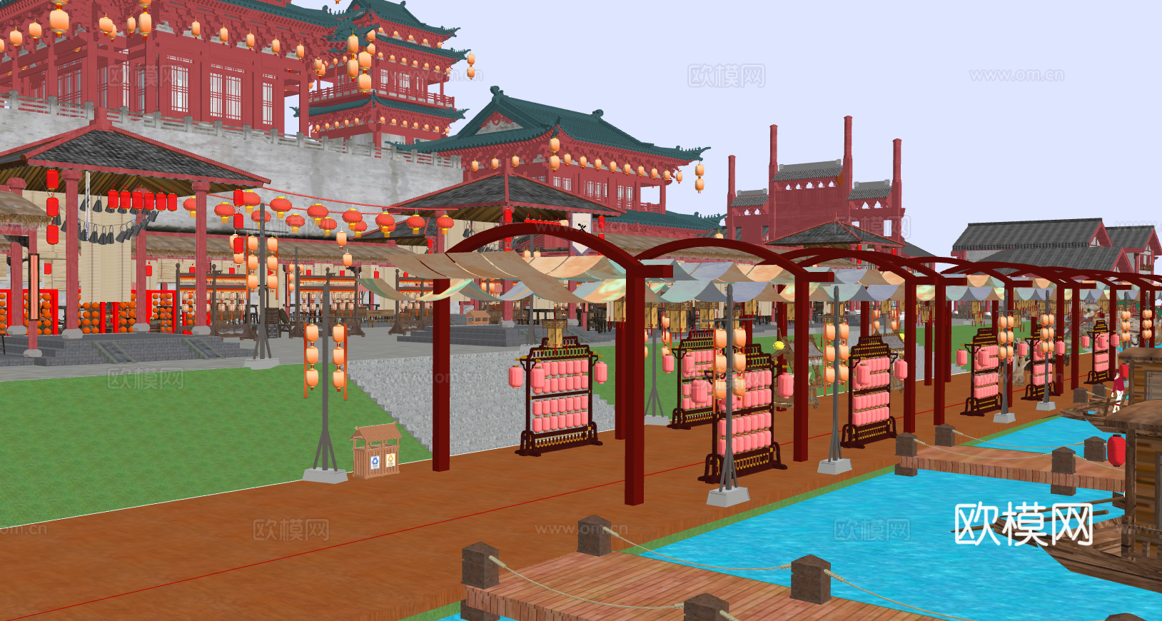 中式古风敦煌大唐文化壁画艺术元素集市美陈su模型